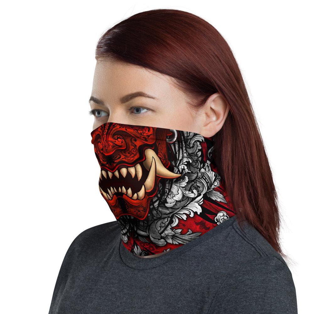Demon Neck Gaiter, Face Mask, Head Covering, Japanese Oni, Street Outfit, Fangs, Horns Headband - Silver & Red - Abysm Internal