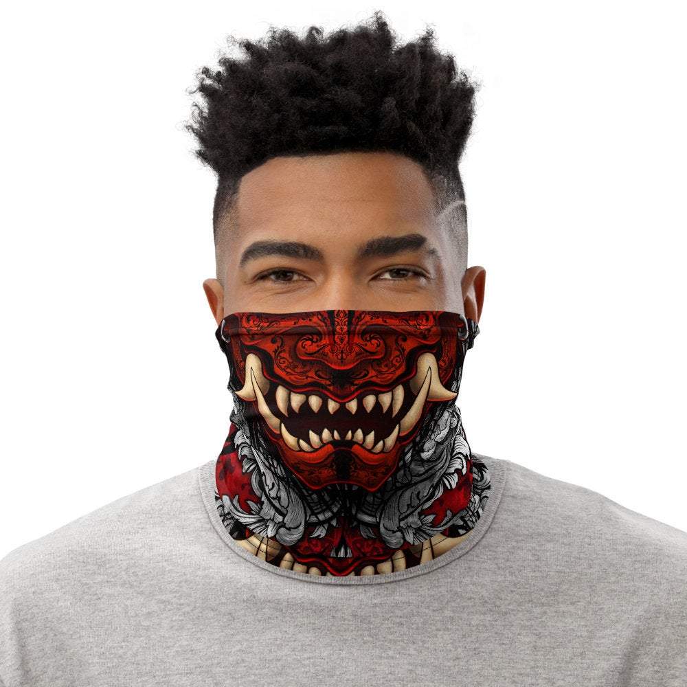 Demon Neck Gaiter, Face Mask, Head Covering, Japanese Oni, Street Outfit, Fangs, Horns Headband - Silver & Red - Abysm Internal