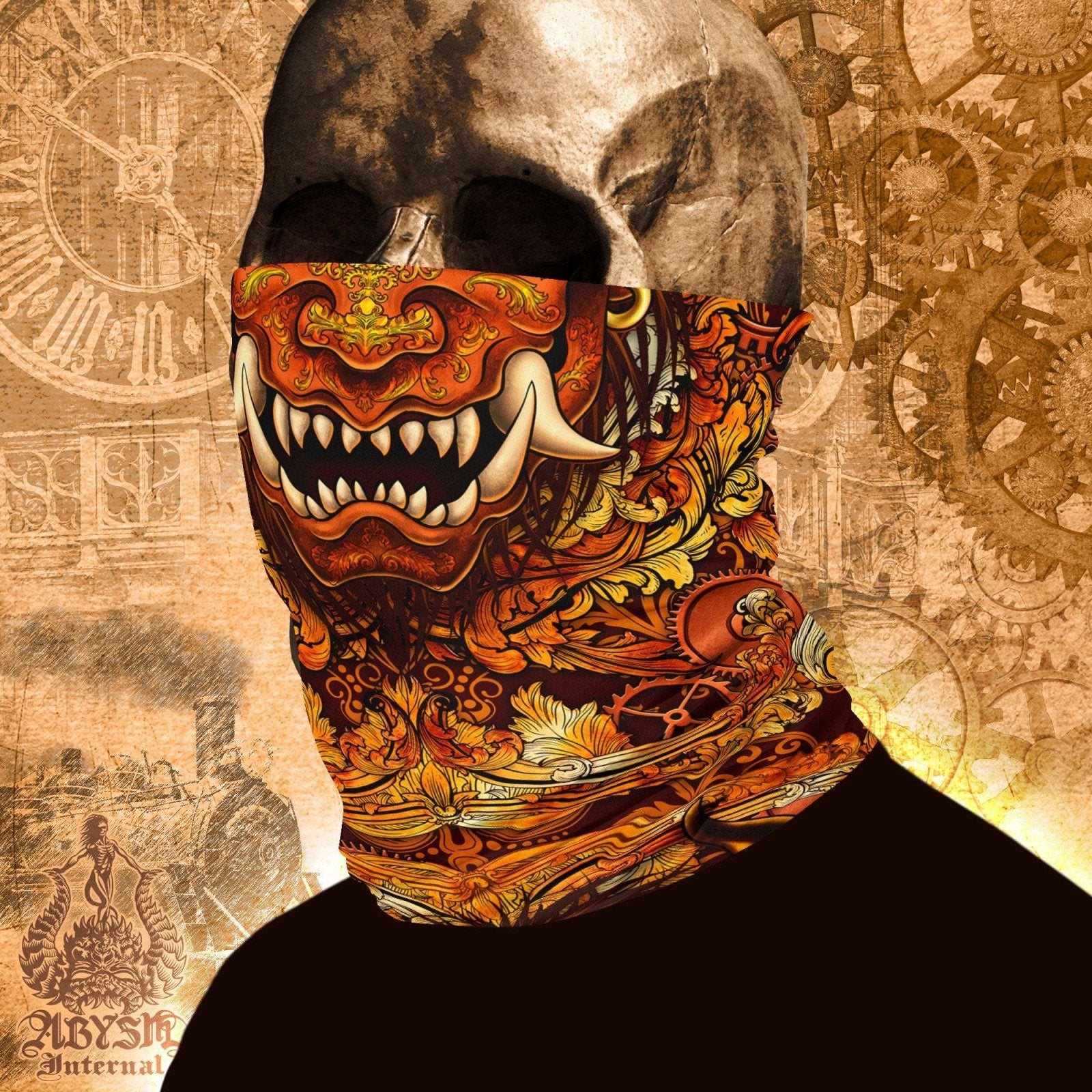 Demon Neck Gaiter, Face Mask, Head Covering, Japanese Oni, Street Outfit, Fangs, Horns Headband - Steampunk - Abysm Internal