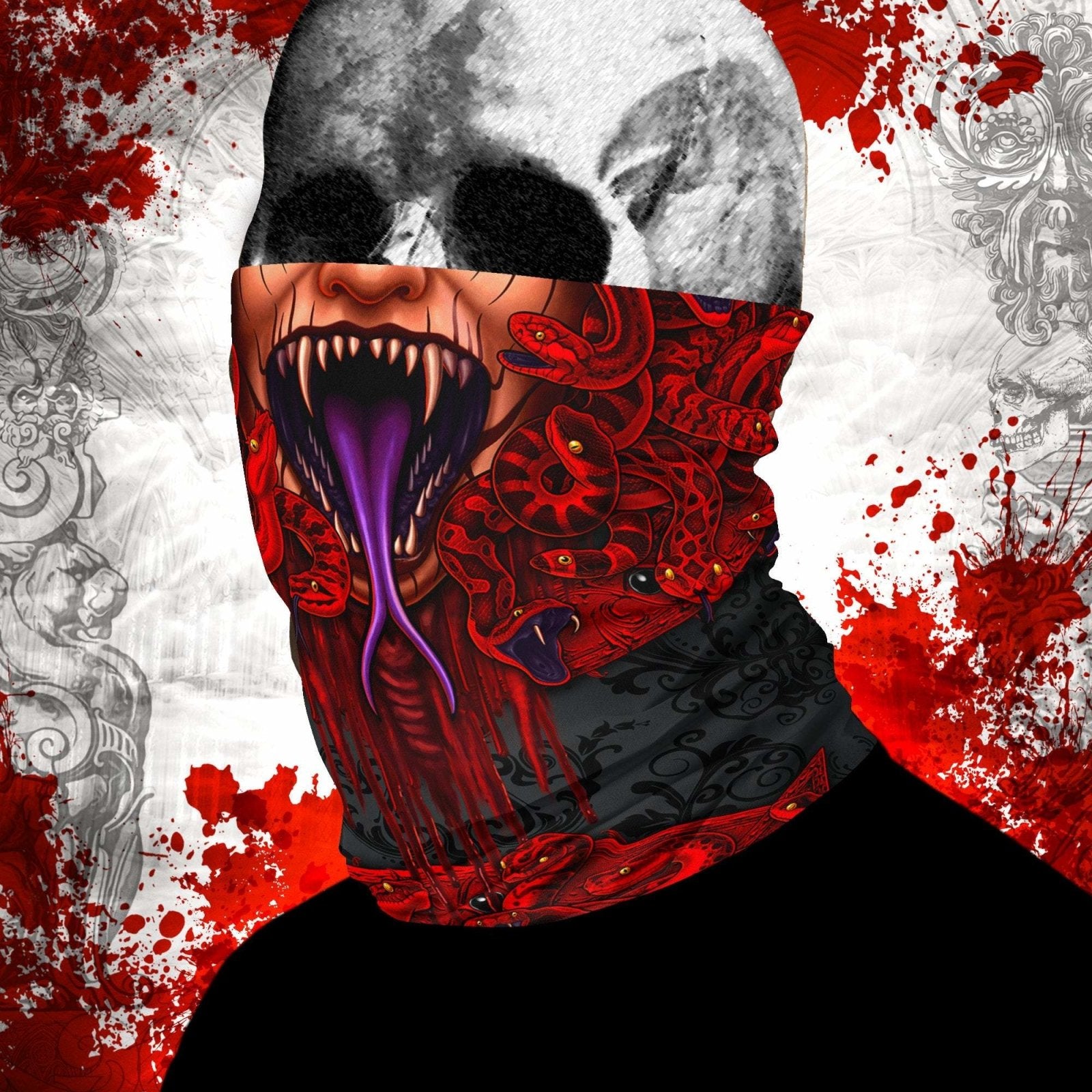 Demon Neck Gaiter, Face Mask, Head Covering, Snakes Headband, Medusa, Satanic, Skull Art - Pentagram, 3 Face Options - Abysm Internal