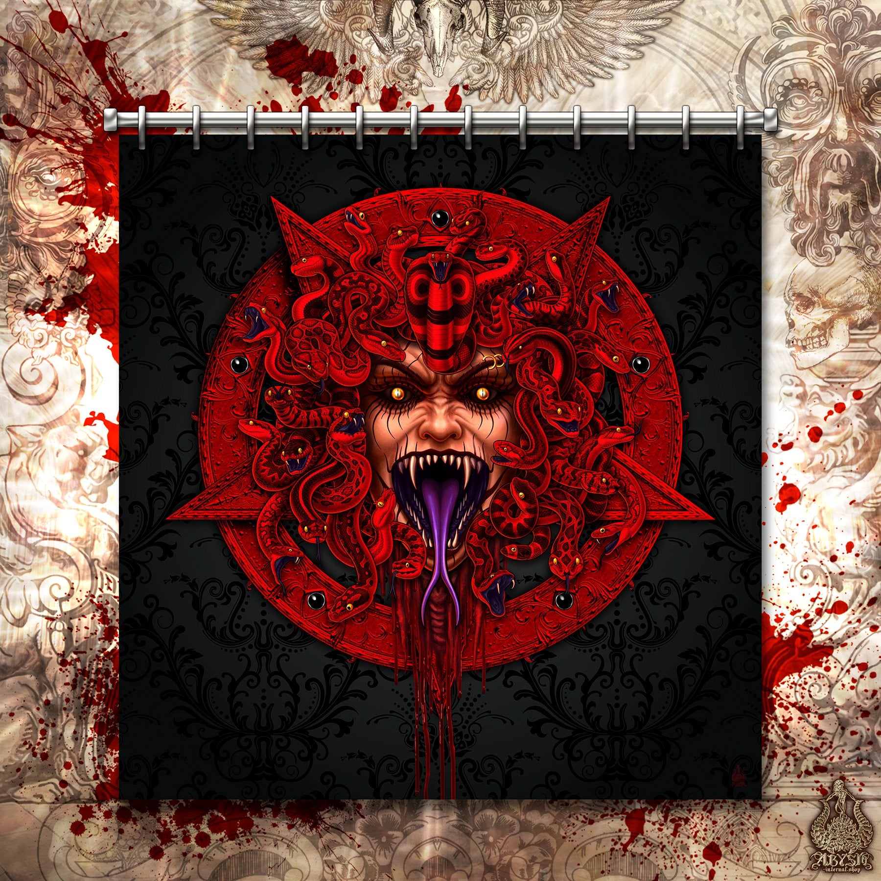 Demon Shower Curtain, 71x74 inches, Satanic Pentagram, Gothic Bathroom Decor, Skull Art - Medusa, Red Snakes, 3 Faces - Abysm Internal