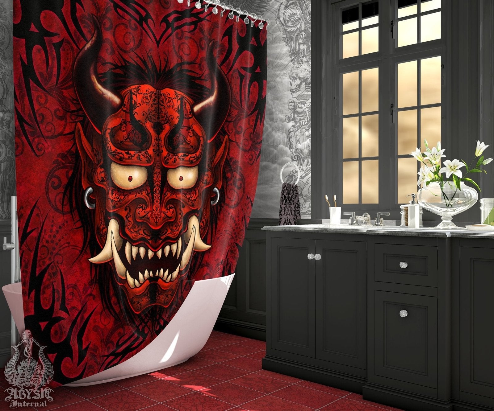 Demon Shower Curtain, Gothic Bathroom Decor, Japanese Oni - Red & Black Tattoo - Abysm Internal