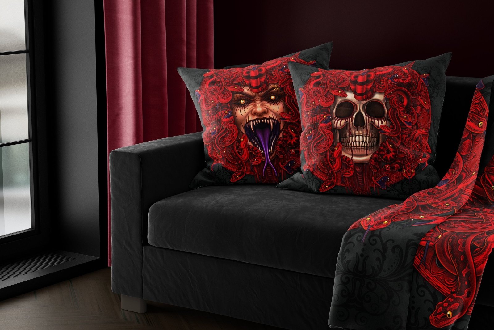 Demon Throw Pillow, Decorative Accent Cushion, Medusa, Satanic and Gothic Room Decor, Horror Art, Alternative Home - Red Pentagram & Snakes, Rage - Abysm Internal