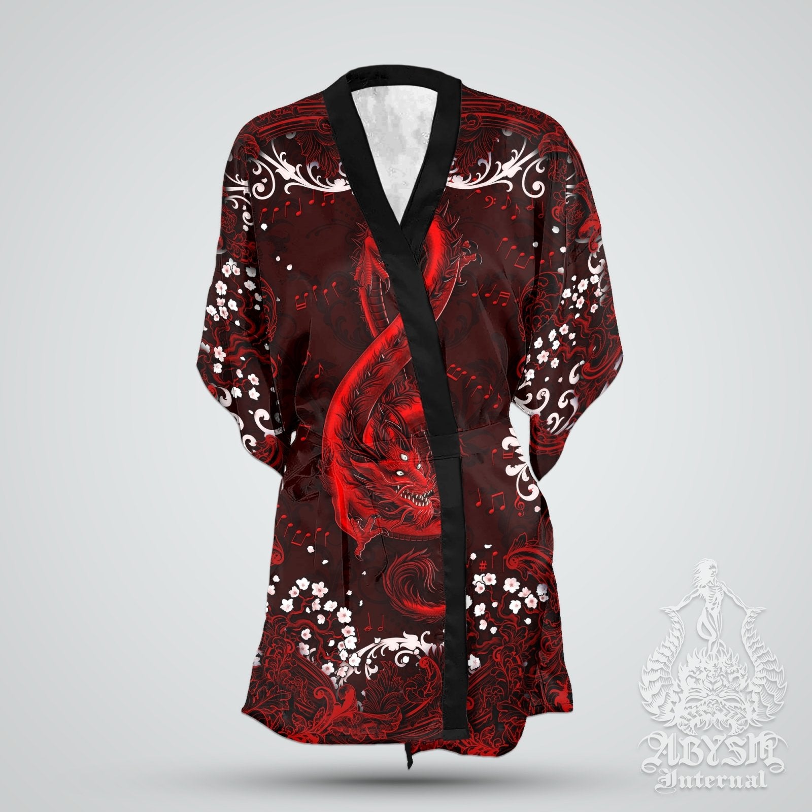 Dragon Kimono, Dressing Robe, Open Shirt, Music Festival Outfit, Alternative Clothing, Gothic Summer Streetwear, Unisex - Bloody Black Goth - Abysm Internal