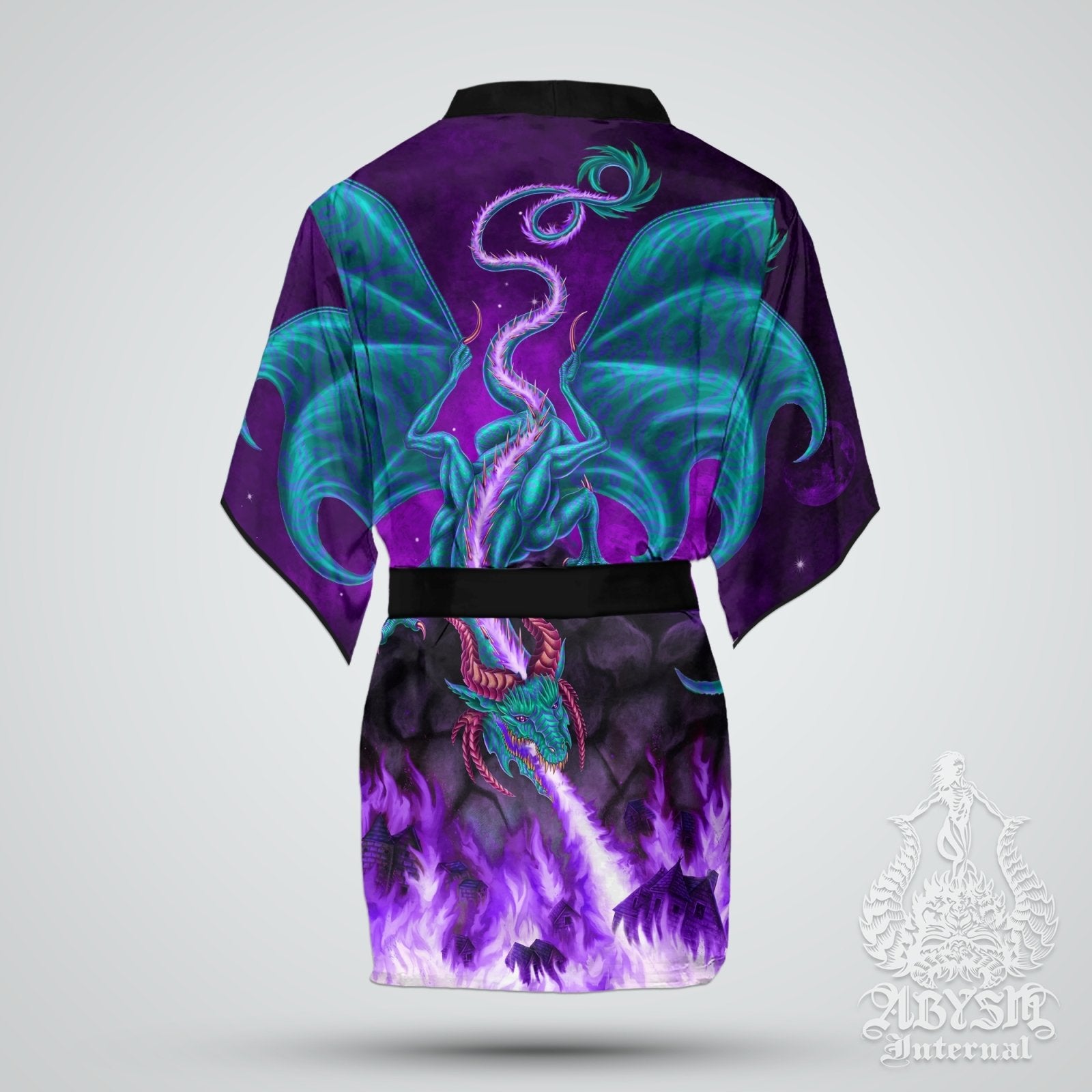 Dragon Kimono, Dressing Robe, Open Shirt, Festival Outfit, Alternative Clothing, Fantasy Summer Streetwear, Unisex - Veal and Purple Fire - Abysm Internal