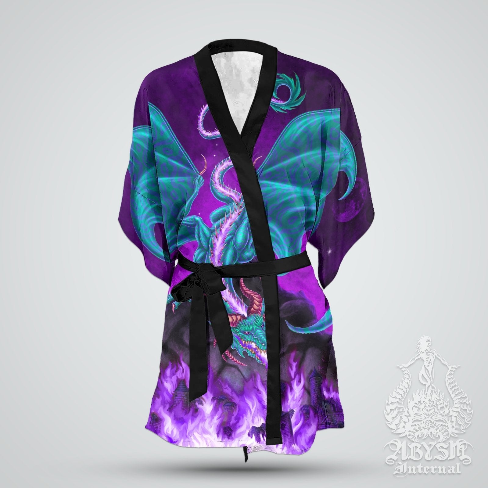 Dragon Kimono, Dressing Robe, Open Shirt, Festival Outfit, Alternative Clothing, Fantasy Summer Streetwear, Unisex - Veal and Purple Fire - Abysm Internal