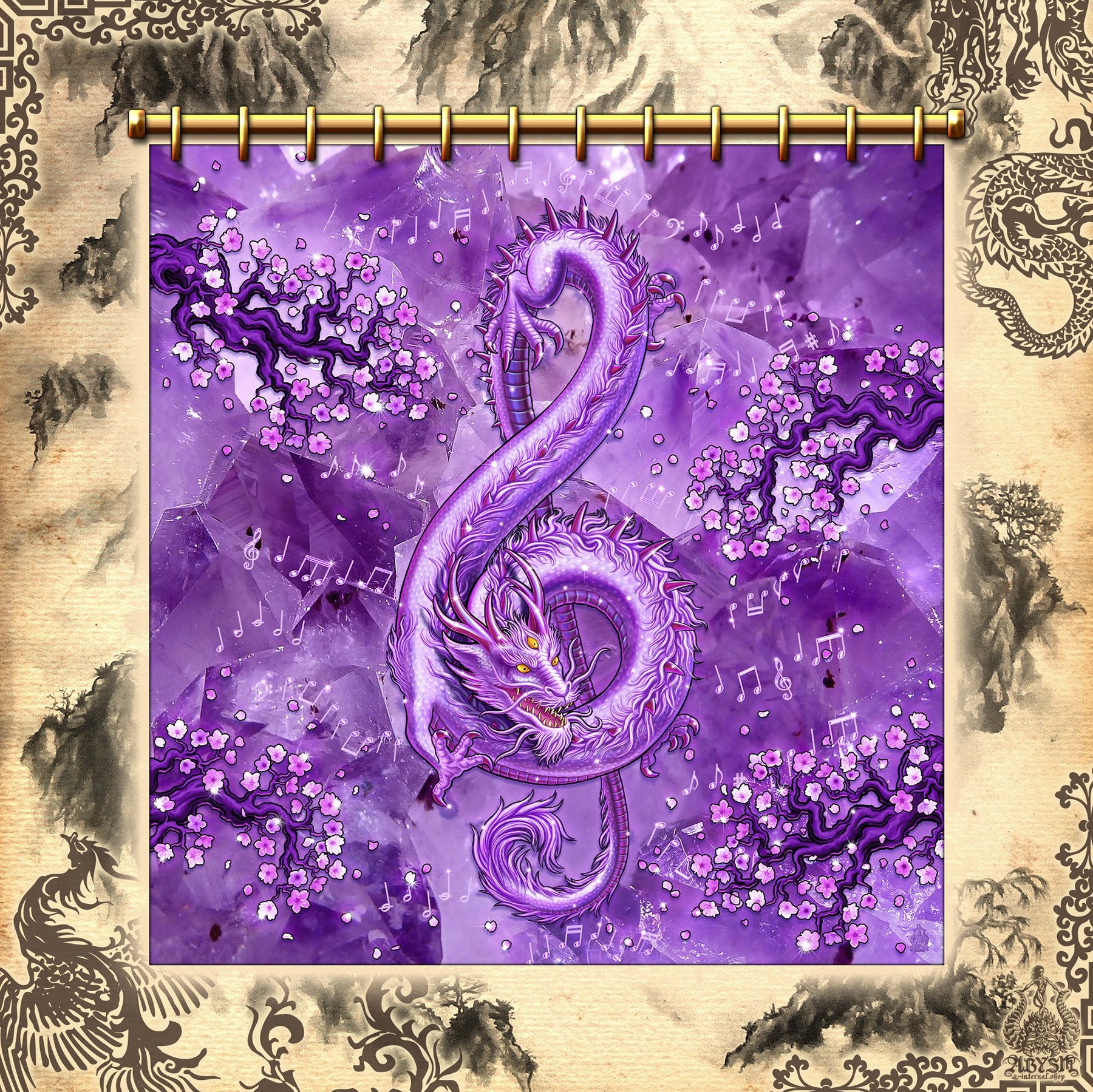 Dragon Shower Curtain, 71x74 inches, Purple Fantasy Art, Indie Bathroom Decor, Treble Clef, Music Home, Eclectic and Funky Home - Gemstone, Amethyst, Diamond, Emerald, Sapphire, Ruby, Pink Quartz, Opal, & Stone - Abysm Internal