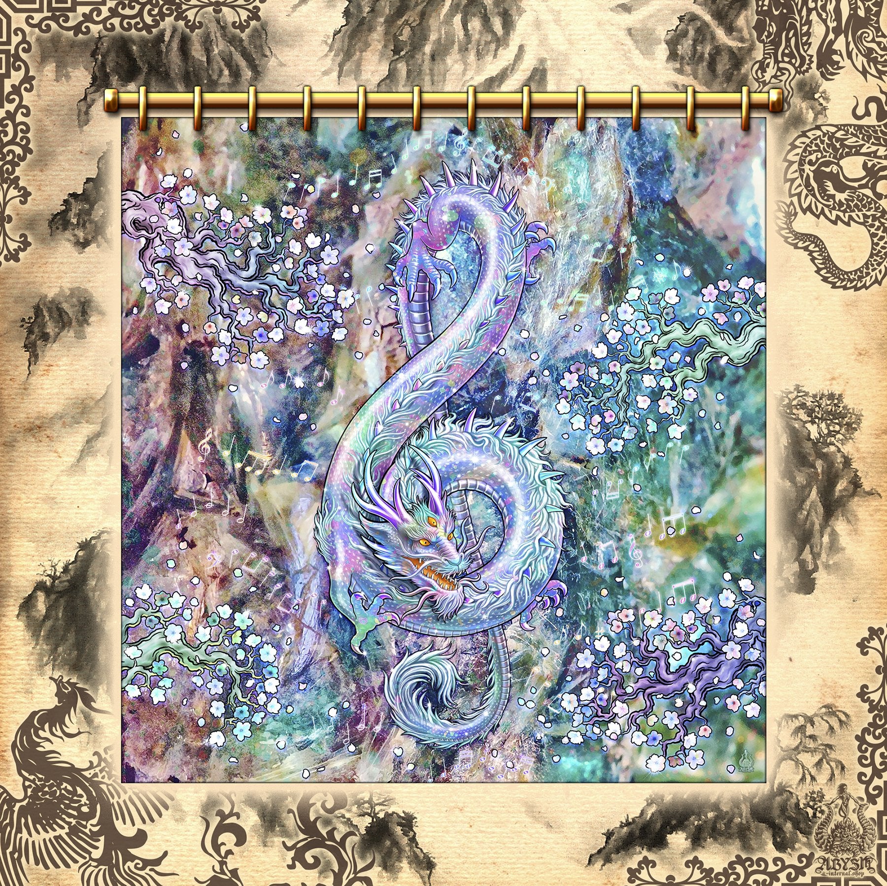 Dragon Shower Curtain, 71x74 inches, Purple Fantasy Art, Indie Bathroom Decor, Treble Clef, Music Home, Eclectic and Funky Home - Gemstone, Amethyst, Diamond, Emerald, Sapphire, Ruby, Pink Quartz, Opal, & Stone - Abysm Internal