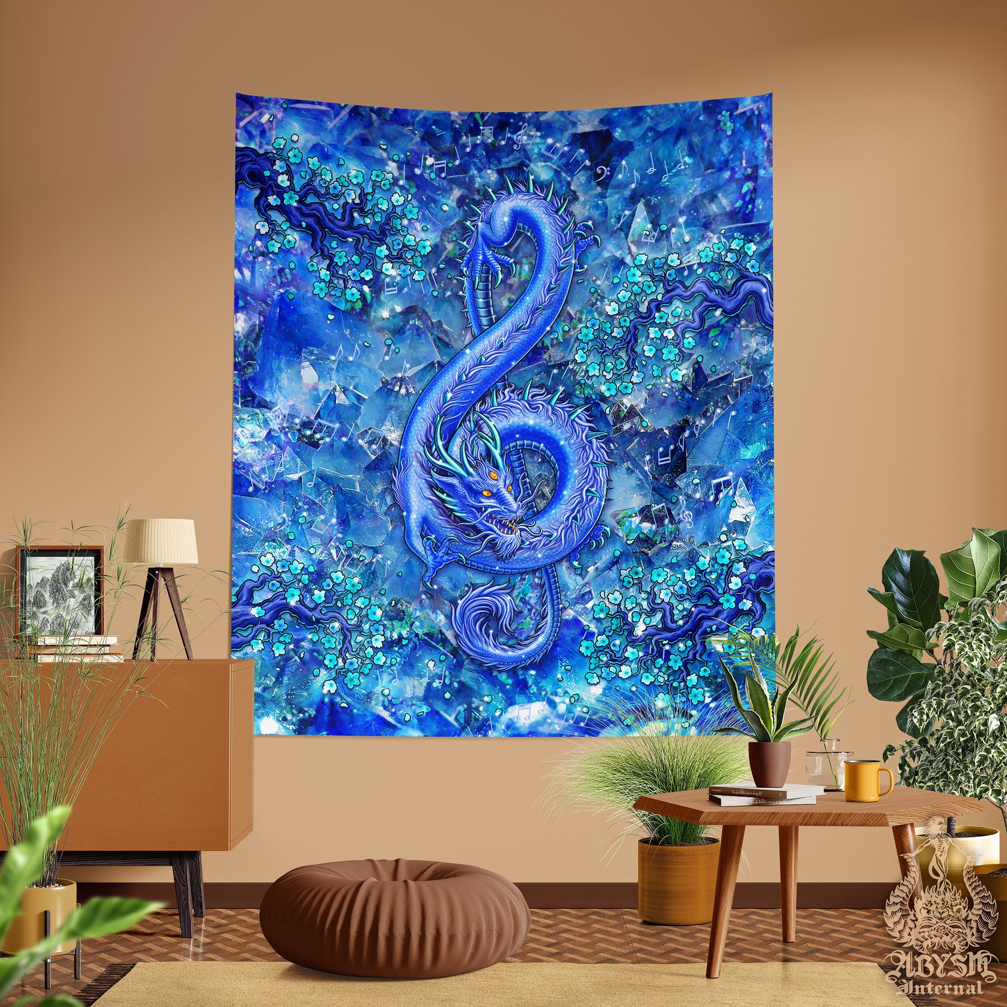 Dragon Tapestry, Music Wall Hanging, Boho and Indie Home Decor, Vertical Art Print - Gemstone, Treble Clef, 8 Colors - Abysm Internal
