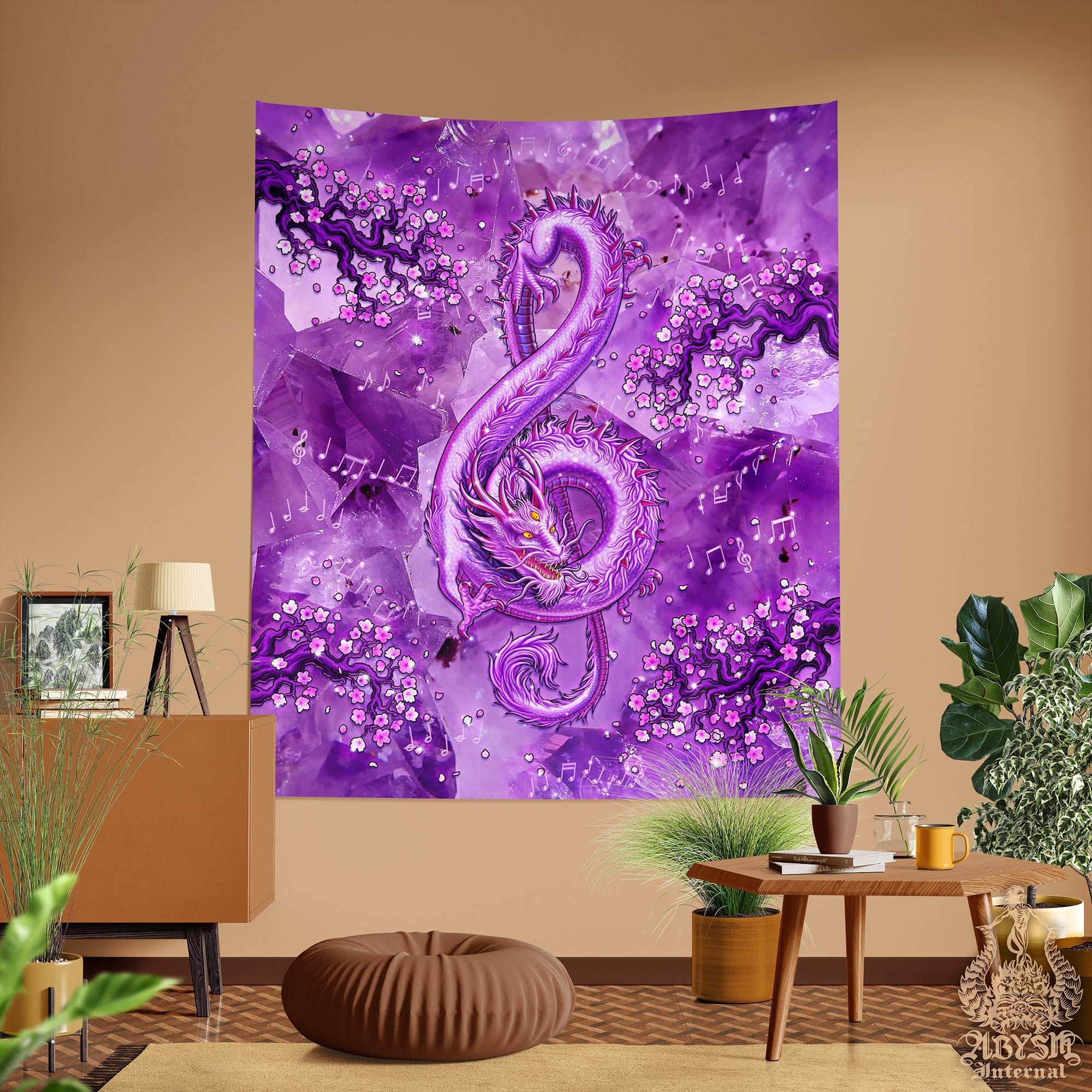 Dragon Tapestry, Music Wall Hanging, Boho and Indie Home Decor, Vertical Art Print - Gemstone, Treble Clef, 8 Colors - Abysm Internal