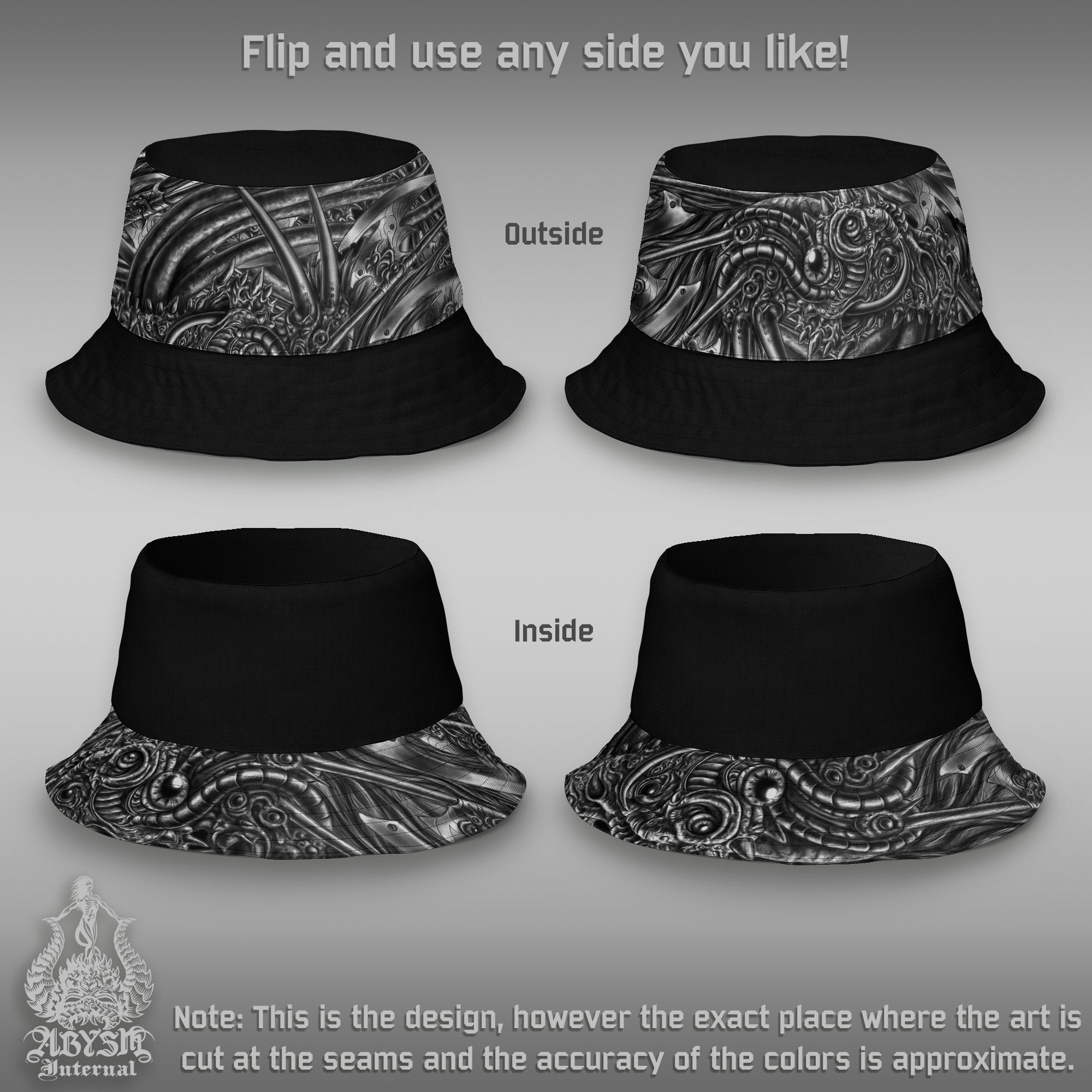 Edgy Bucket Hat, Indie Streetwear, Goth Summer Hat, Beach Accessory with Linen feel, Reversible & Unisex - Alien Monster - Abysm Internal
