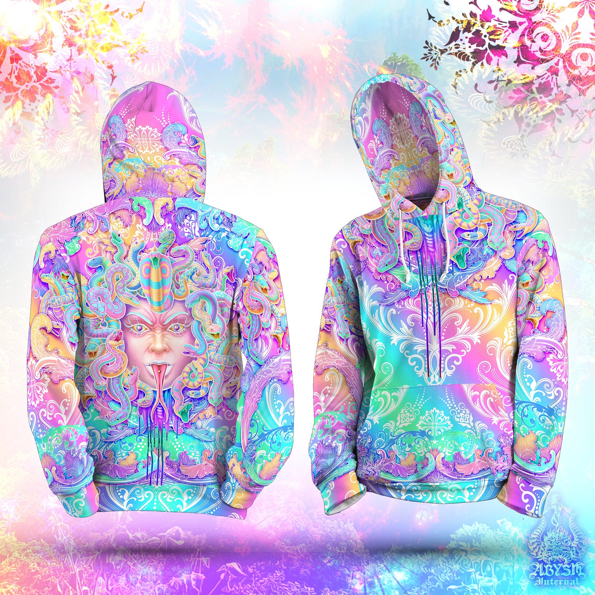 Festival Hoodie, Aesthetic Pullover, Colorful, Streetwear, Pastel Outfit, Psychedelic Sweater, Trippy Clothing, Unisex - Medusa Skull, 2 Faces - Abysm Internal