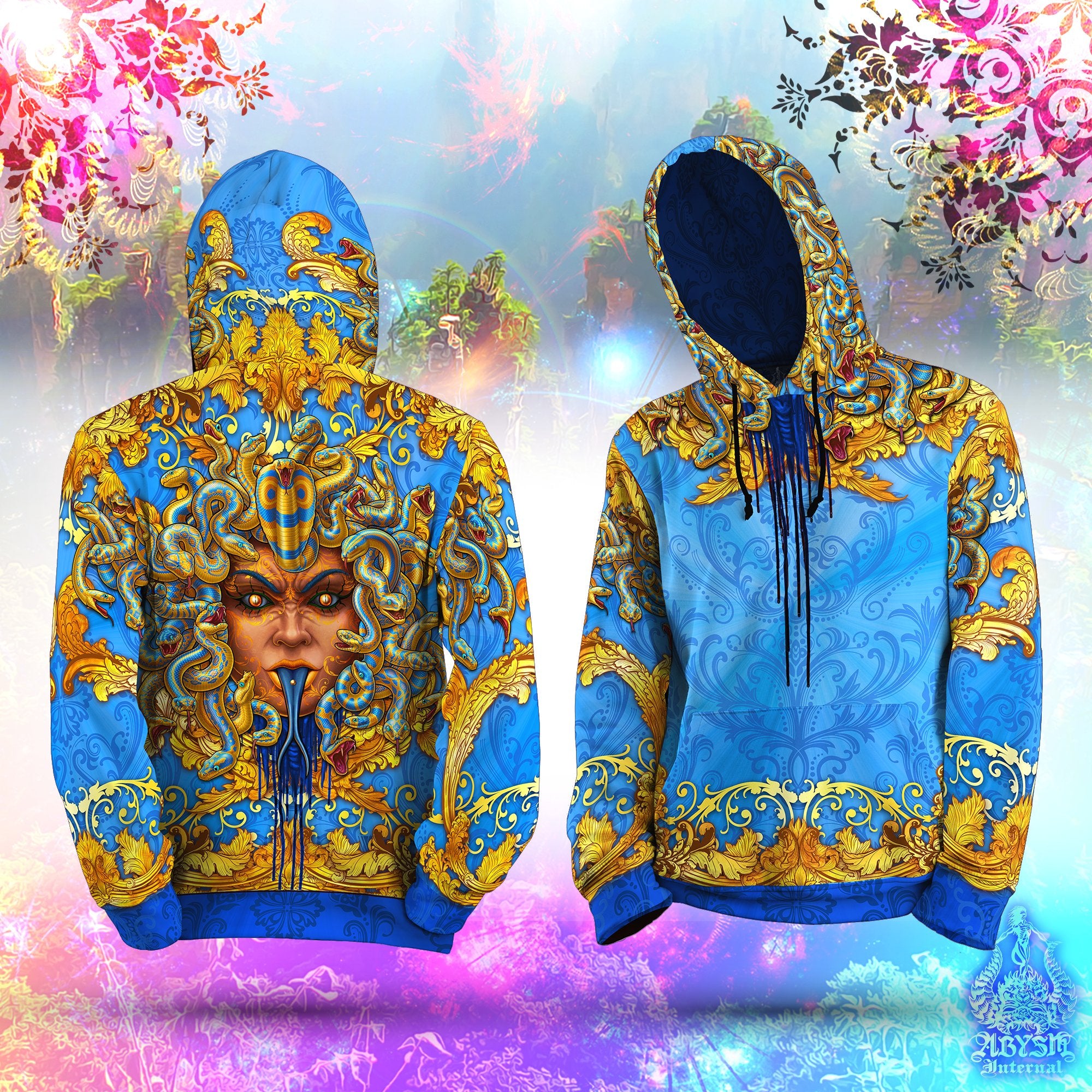 Festival Sweater, Rave Pullover, Graffiti Streetwear, Blue Indie Street Outfit, Funky Festival Hoodie, Hippie Clothing, Unisex - Medusa Skull, Cyan Gold, 2 Faces - Abysm Internal