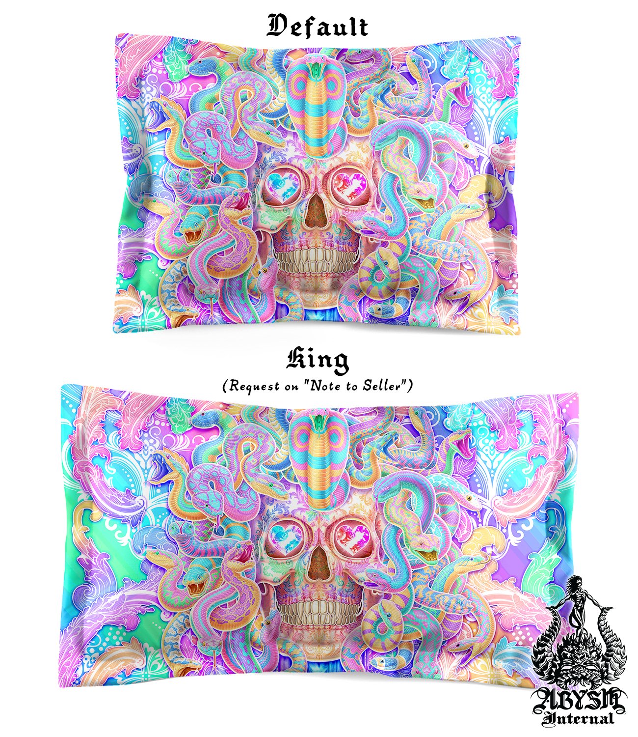 Gamer Girl Bedding Set, Comforter or Duvet, Psychedelic Medusa, Pastel Skull Bed Cover, Aesthetic Bedroom Decor, Room, King, Queen & Twin Size - 4 Faces - Abysm Internal