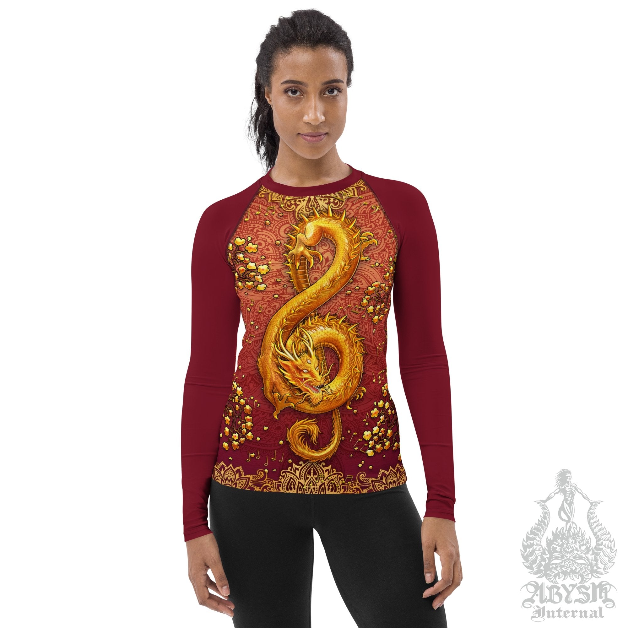Gold Dragon Rash Guard for Women, Long Sleeve spandex shirt for surfing, swimsuit top for water sports, Fantasy Art - Boho Music - Abysm Internal