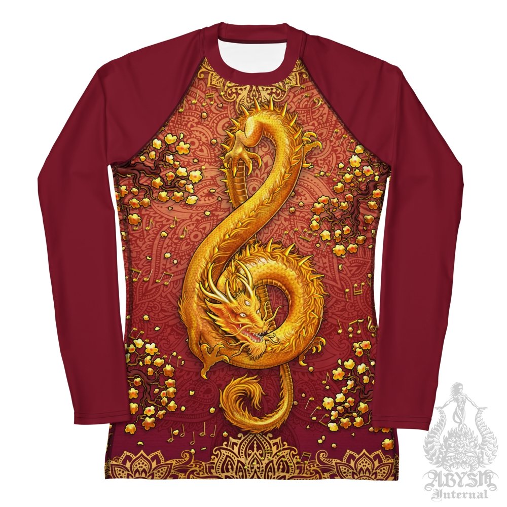 Gold Dragon Rash Guard for Women, Long Sleeve spandex shirt for surfing, swimsuit top for water sports, Fantasy Art - Boho Music - Abysm Internal