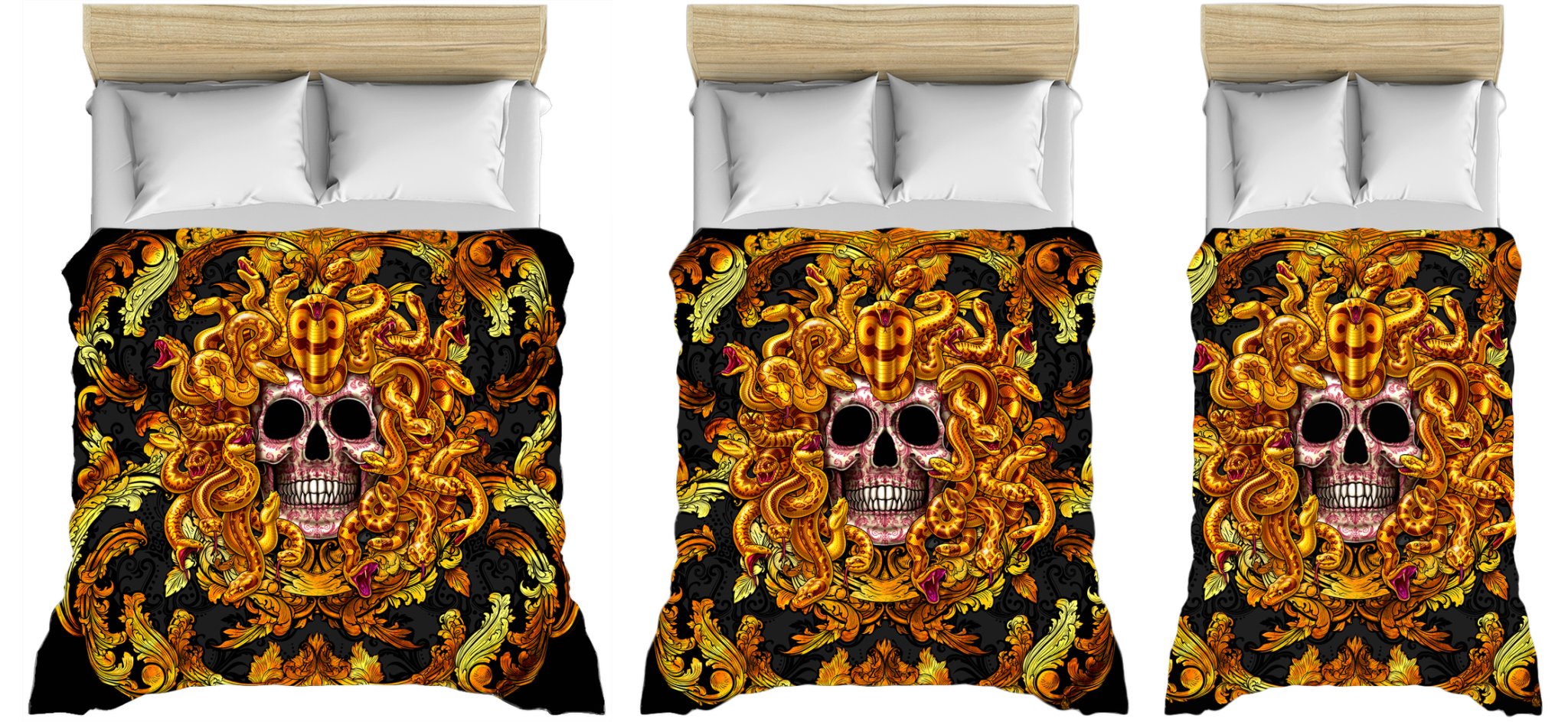 Gold Vintage Bedding Set, Medusa Comforter or Duvet, Victorian Skull Bed Cover, Bedroom Decor, King, Queen & Twin Size - Gold, 2 Faces - Abysm Internal
