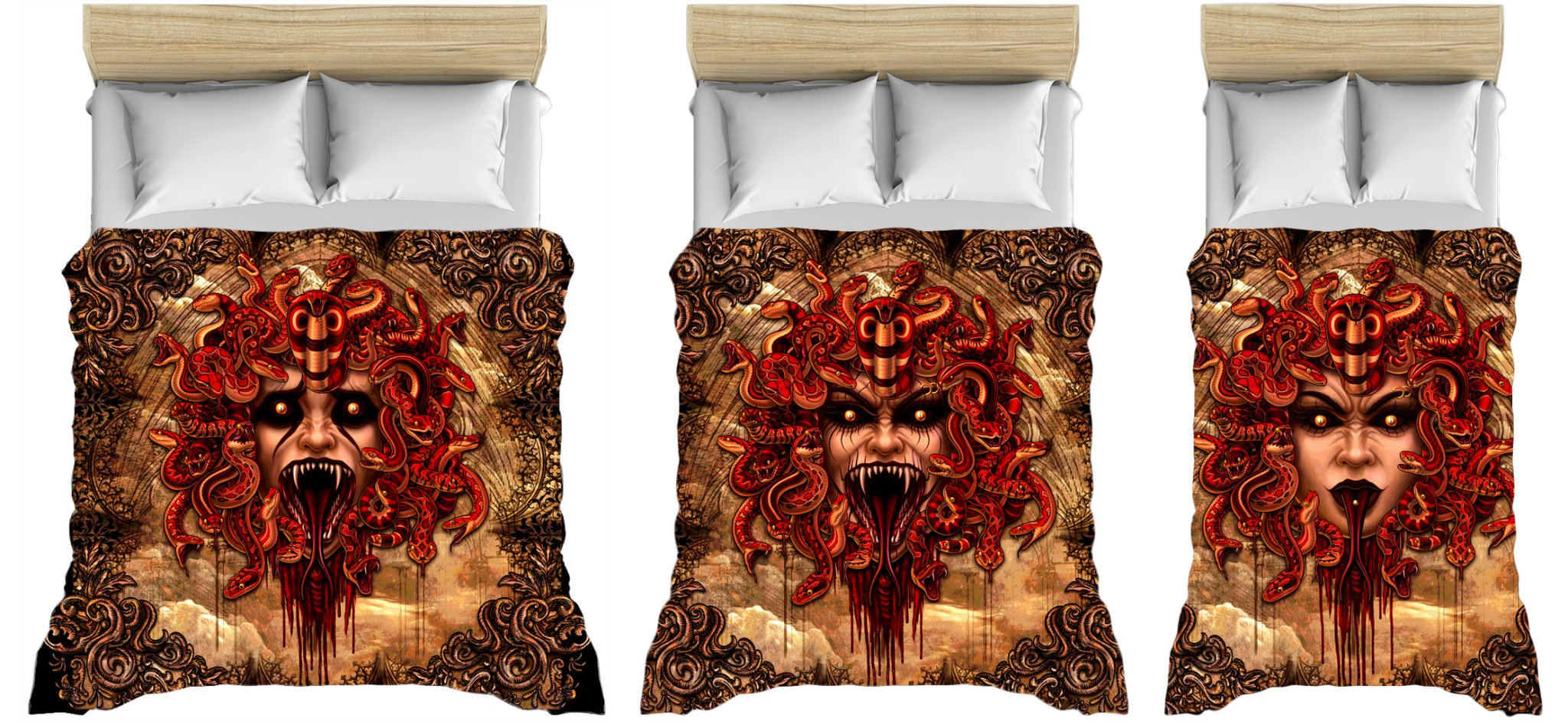 Goth Bed Cover, Duvet or Comforter, Medusa Skull, Horror Bedding Set, Bedroom Decor, King, Queen & Twin Size - Beige, 4 Faces - Abysm Internal