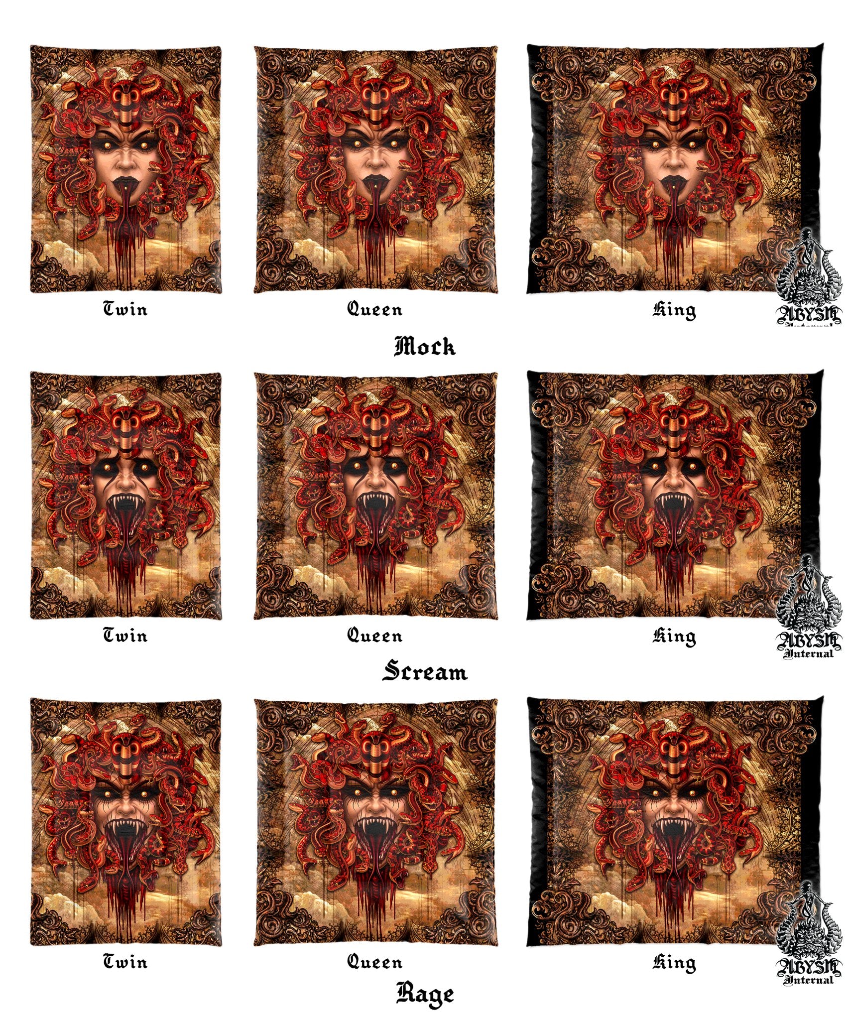 Goth Bed Cover, Duvet or Comforter, Medusa Skull, Horror Bedding Set, Bedroom Decor, King, Queen & Twin Size - Beige, 4 Faces - Abysm Internal