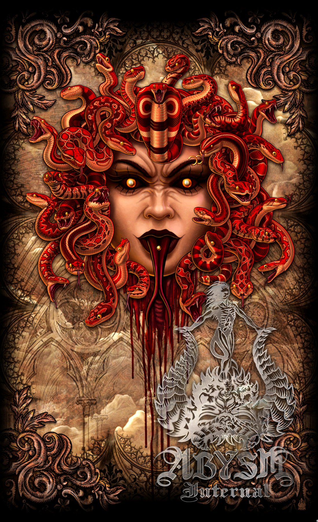 Goth Curtains, 50x84' Printed Window Panels, Gothic Skull Art Print, Halloween Horror Room Decor - Beige Medusa & Snakes, 4 Faces - Abysm Internal
