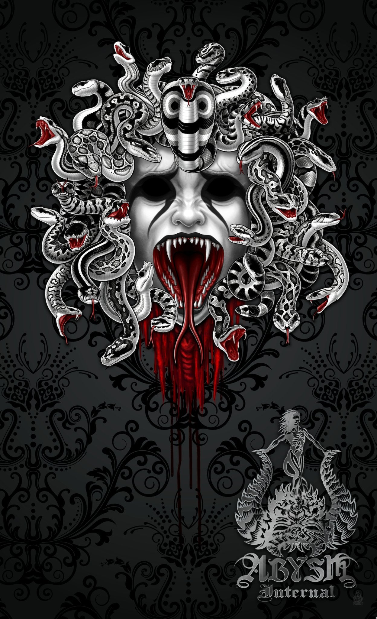 Goth Curtains, 50x84' Printed Window Panels, Nu Gothic Home Decor, Art Print - Black, Screaming Medusa & Red, 2 Faces, 3 Colors - Abysm Internal