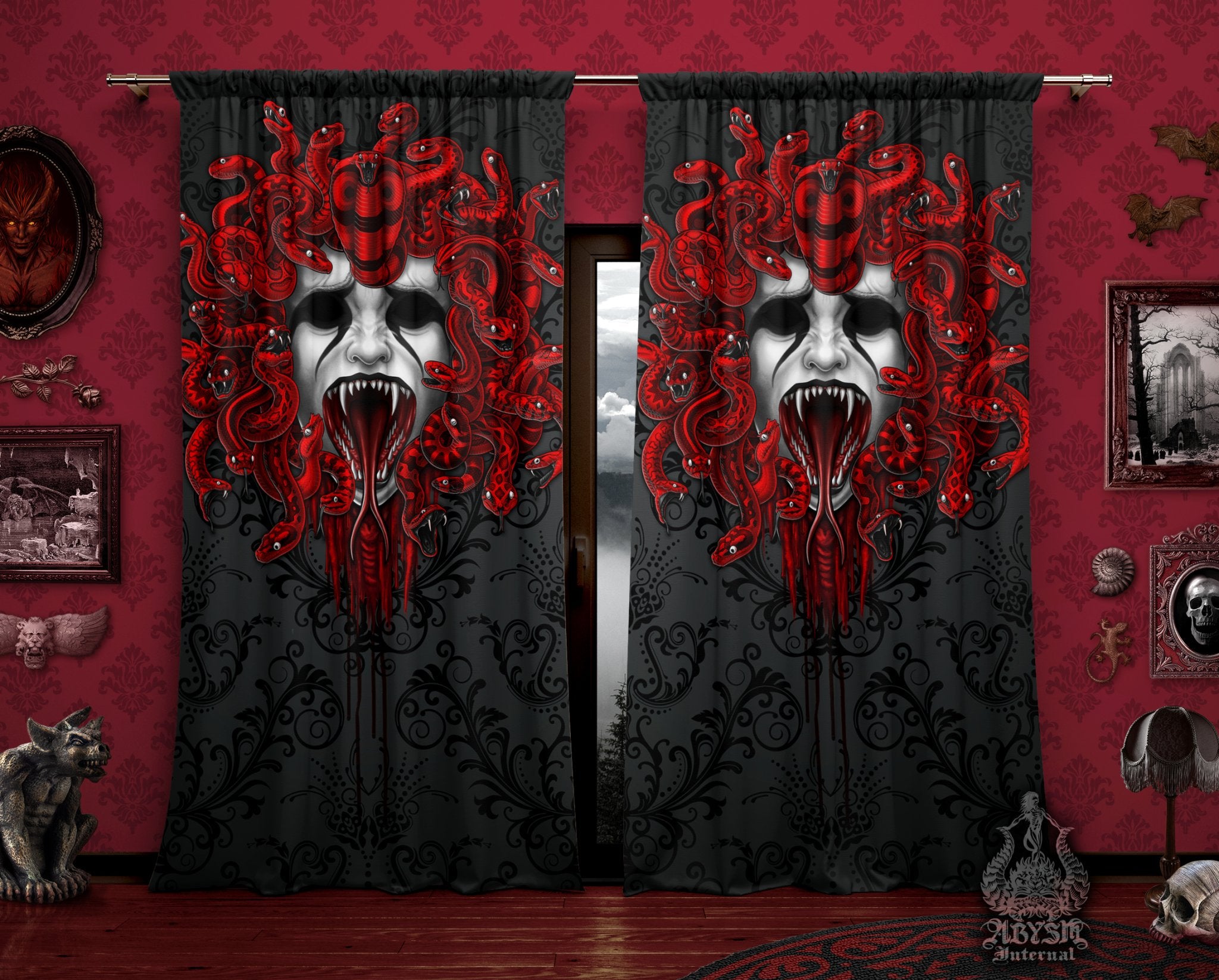 Goth Curtains, 50x84' Printed Window Panels, Nu Gothic Home Decor, Art Print - Black, Screaming Medusa & Red, 2 Faces, 3 Colors - Abysm Internal