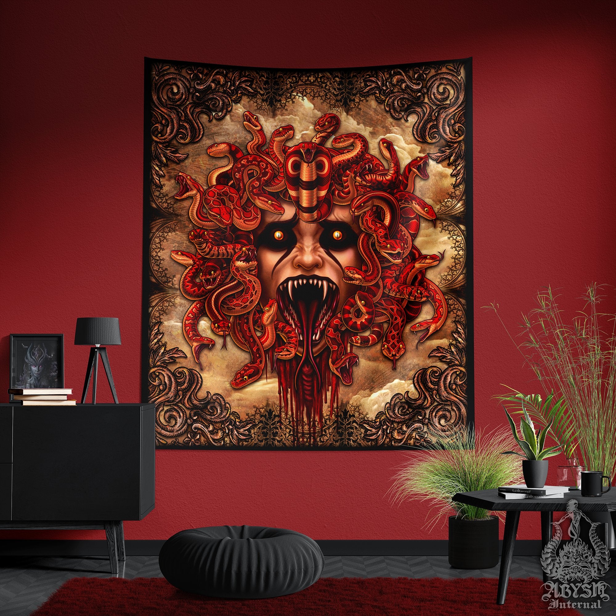 Goth Tapestry, Medusa Skull Wall Hanging, Gothic Home Decor, Vertical Art Print - Horror Beige & Red Snakes, 4 Faces - Abysm Internal