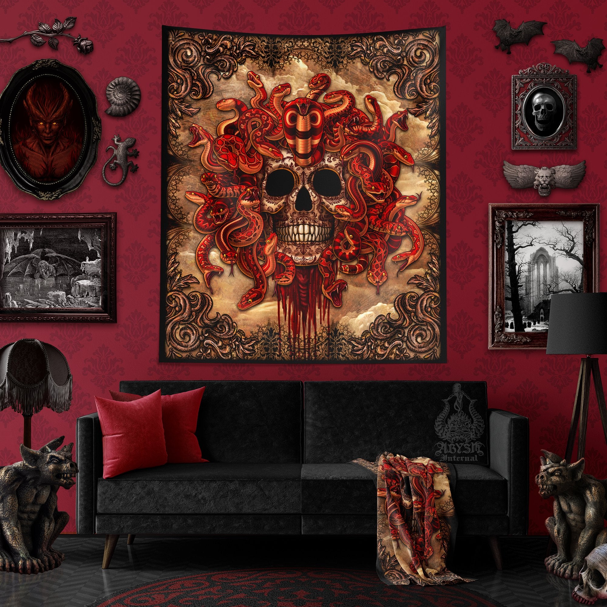 Goth Tapestry, Medusa Skull Wall Hanging, Gothic Home Decor, Vertical Art Print - Horror Beige & Red Snakes, 4 Faces - Abysm Internal