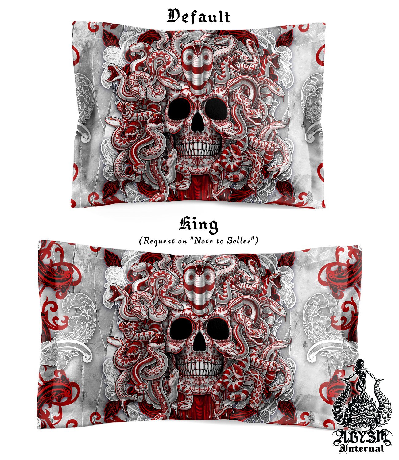 Gothic Bedding Set, Comforter or Duvet, White Goth Bed Cover, Bedroom Decor, Bloody Medusa Skull, King, Queen & Twin Size - 4 Faces - Abysm Internal