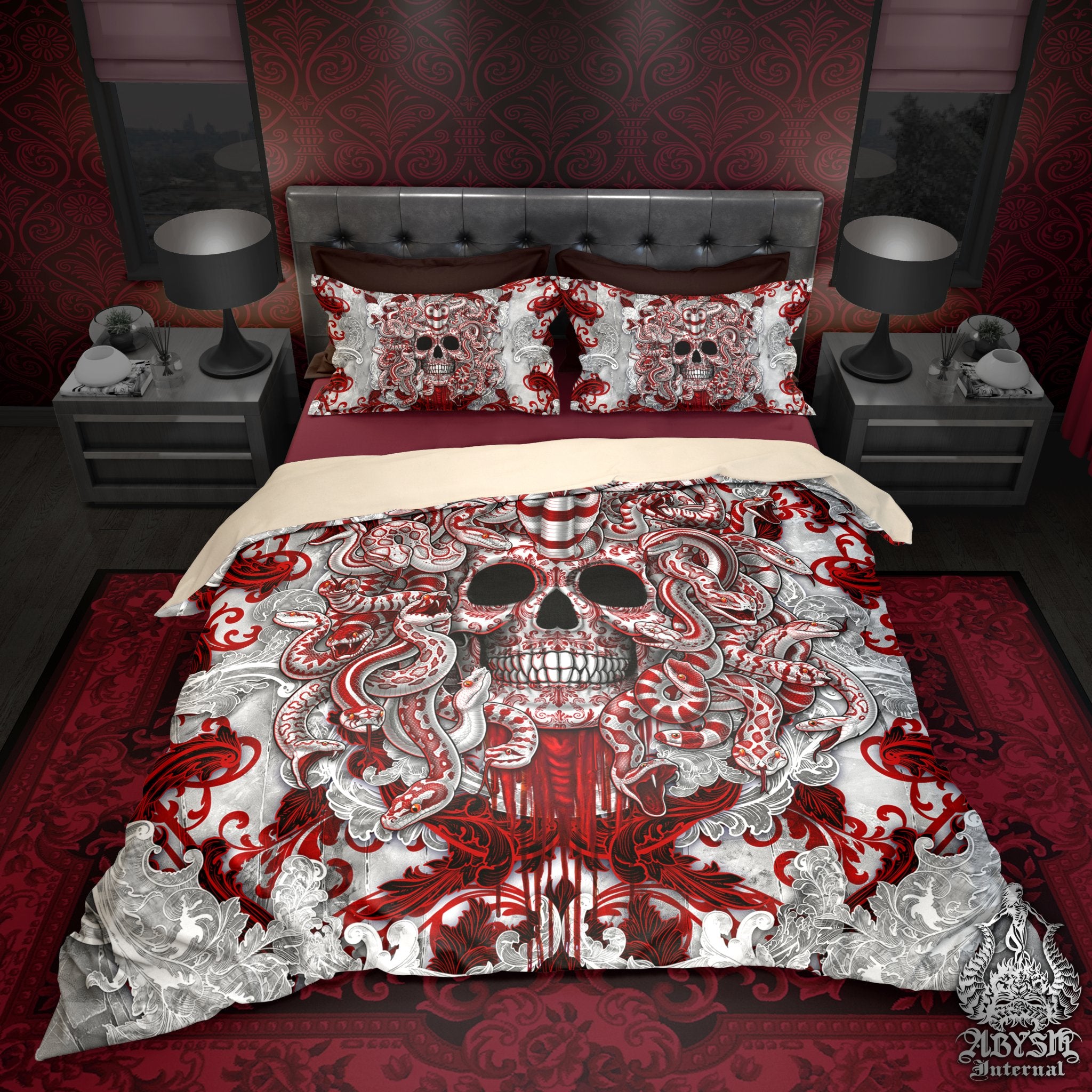 Gothic Bedding Set, Comforter or Duvet, White Goth Bed Cover, Bedroom Decor, Bloody Medusa Skull, King, Queen & Twin Size - 4 Faces - Abysm Internal