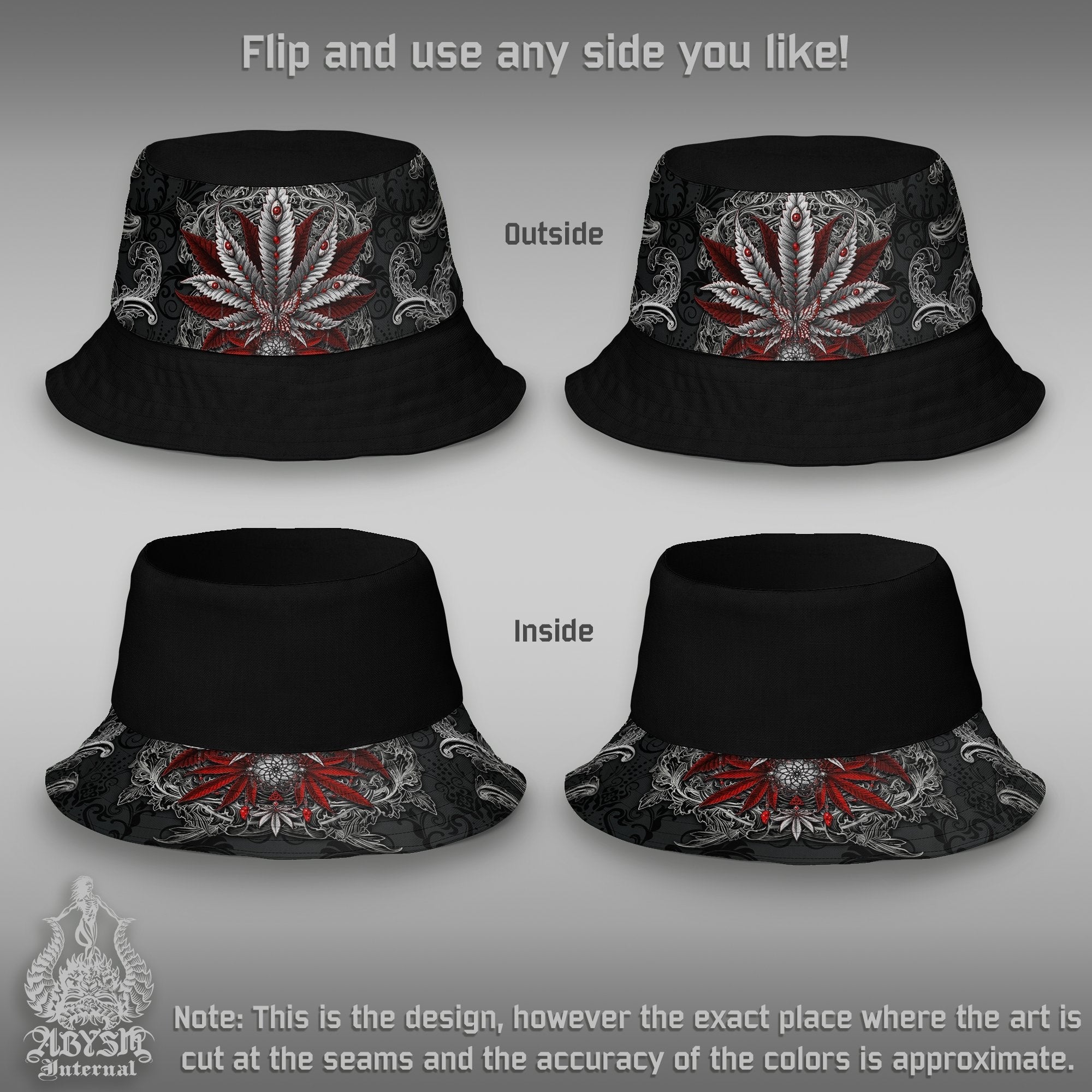 Gothic Cannabis Bucket Hat, Weed Streetwear, Goth Summer Hat, Beach Accessory with Linen feel, Reversible & Unisex, 420 Gift - Pot Art - Abysm Internal