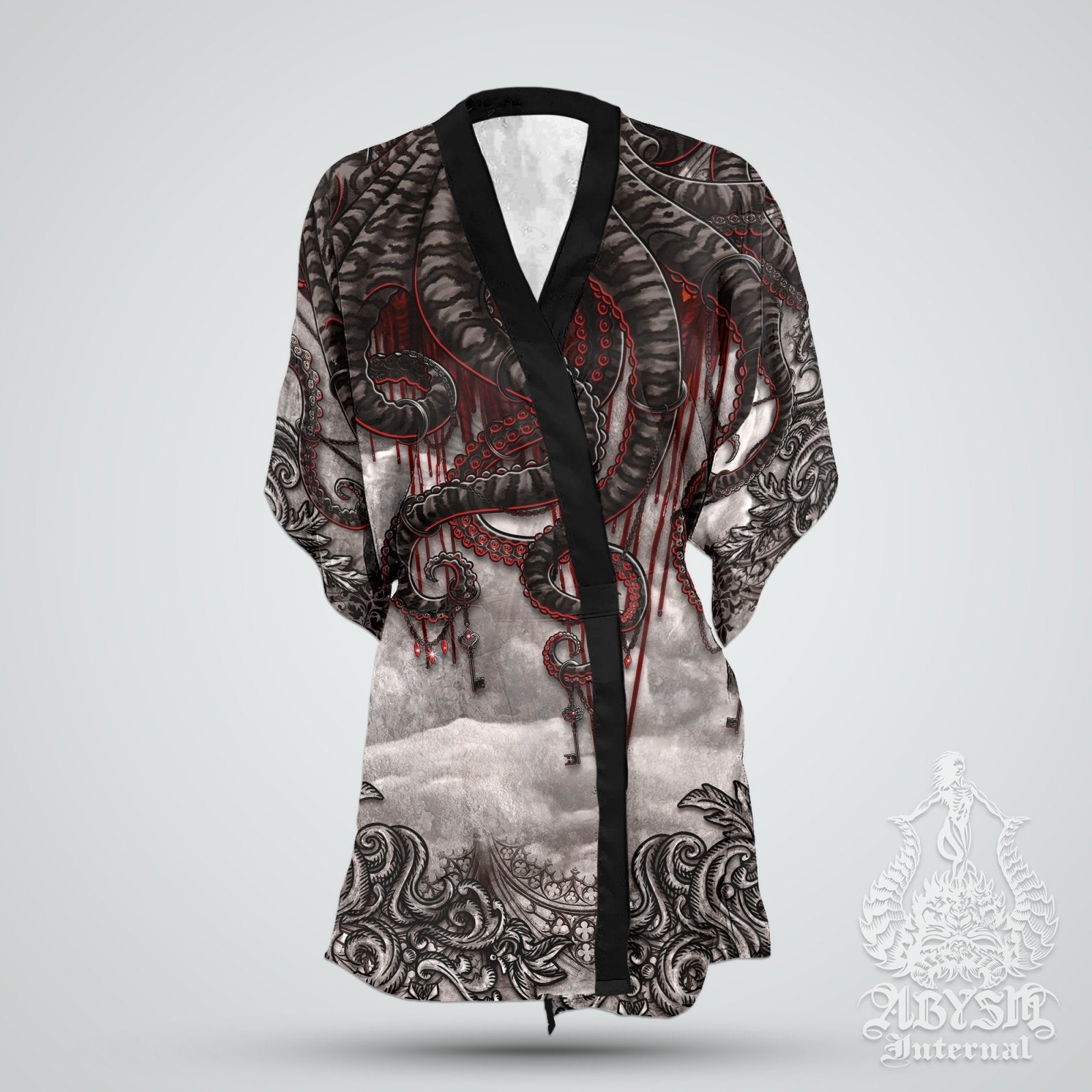 Gothic Kimono, Dressing Robe, Octopus Open Shirt, Beach Festival Outfit, Alternative Clothing, Summer Streetwear, Unisex - Horror Grey - Abysm Internal