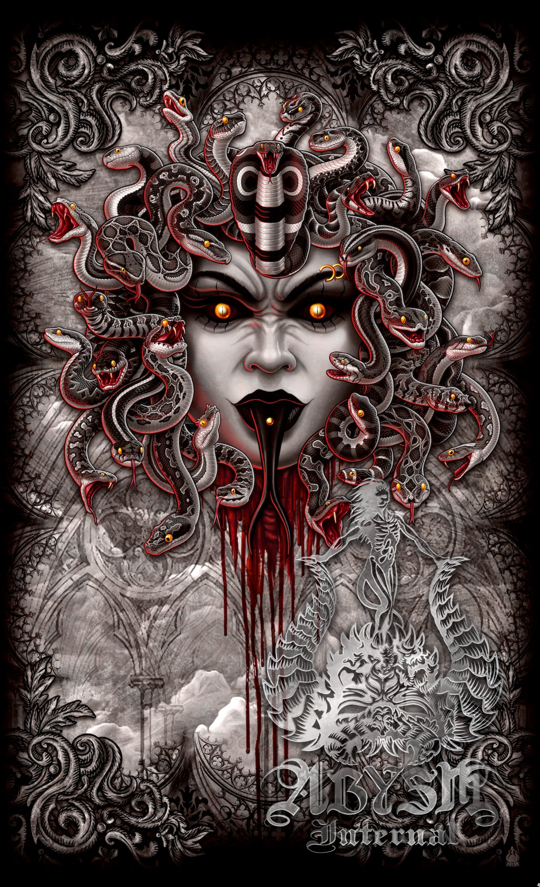 Gothic Curtains, 50x84' Printed Window Panels, Goth Skull Art Print, Halloween Horror Room Decor - Grey Medusa & Snakes, 4 Faces - Abysm Internal
