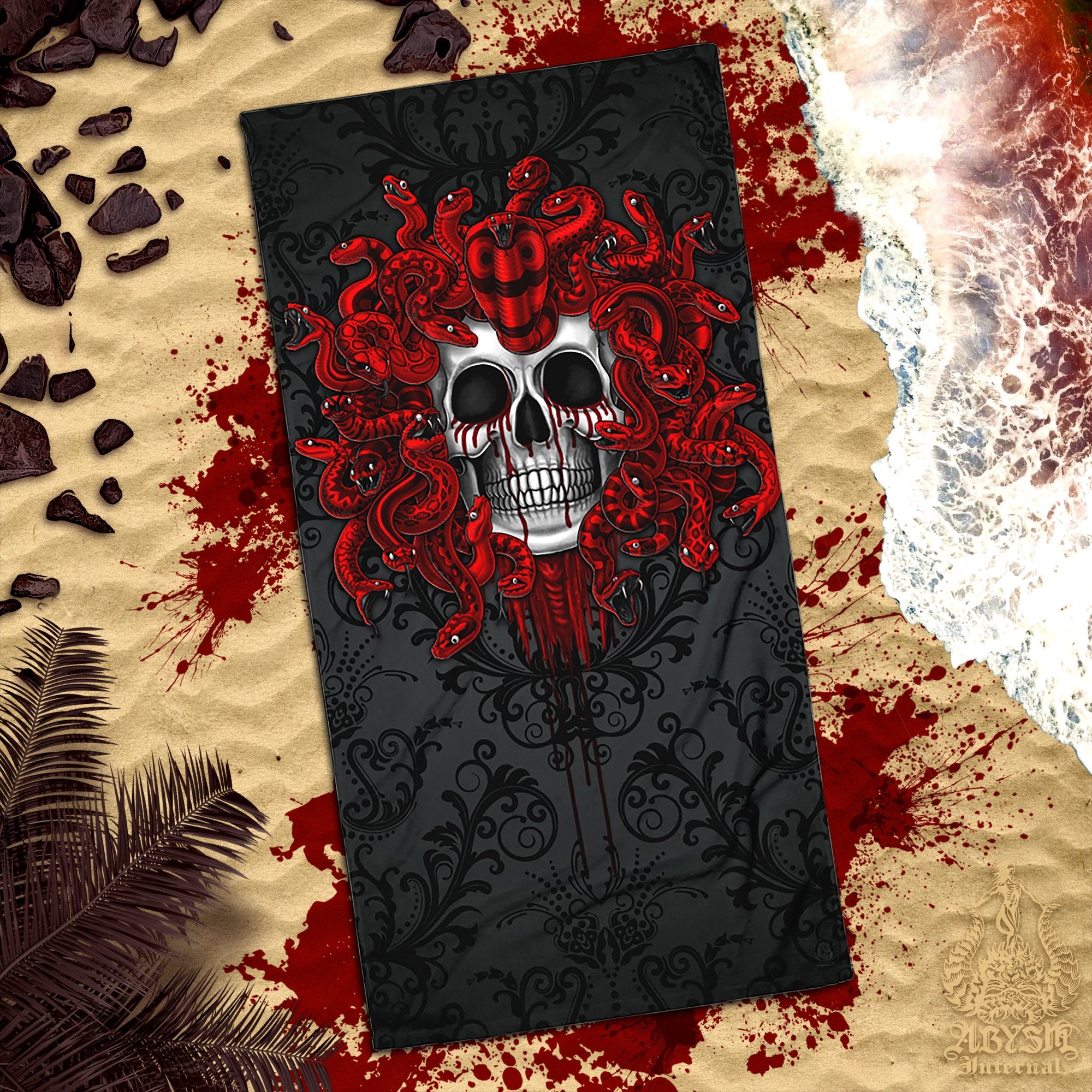Gothic Medusa Beach Towel, Nu Goth Skull Art - 2 Faces, 3 Snake Colors, Black & White - Abysm Internal