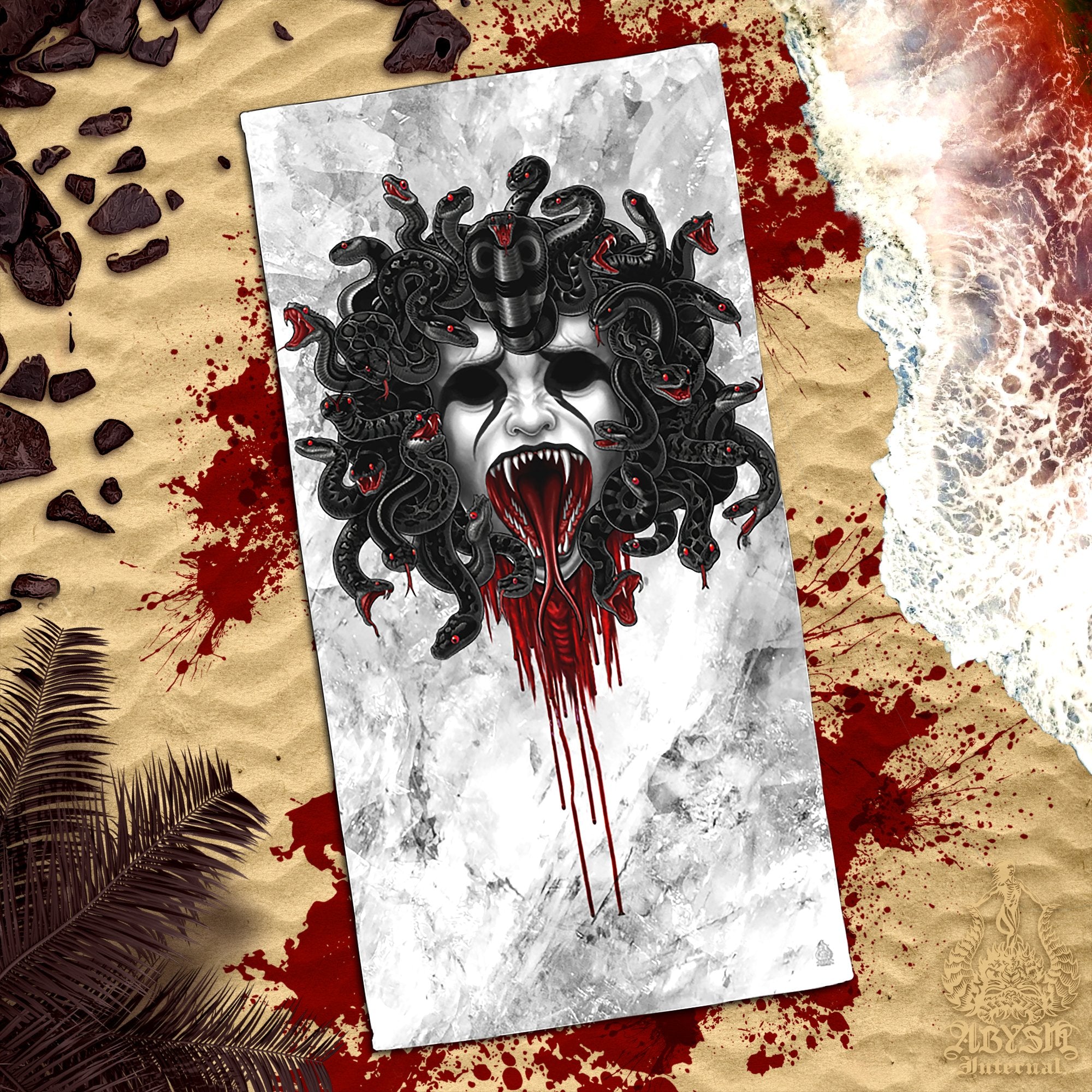Gothic Medusa Beach Towel, Nu Goth Skull Art - 2 Faces, 3 Snake Colors, Black & White - Abysm Internal