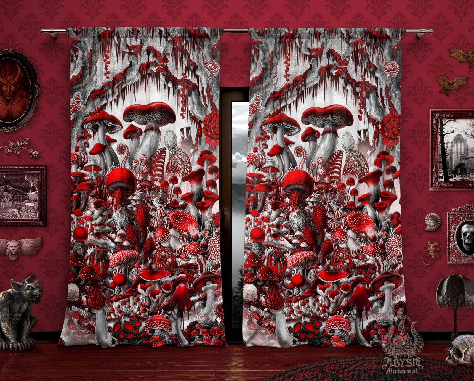 Gothic Mushrooms Blackout Curtains, Long Window Panels, Indie Art Print, Home and Room Decor - Magic Shrooms, Bloody White Goth - Abysm Internal