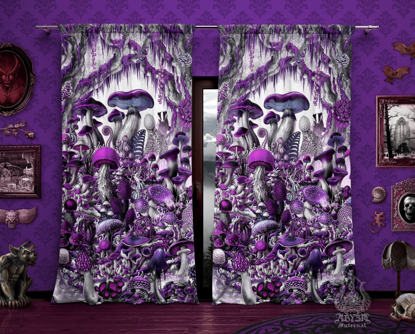 Gothic Mushrooms Blackout Curtains, Long Window Panels, Indie Art Print, Home and Room Decor - Magic Shrooms, Purple White Goth - Abysm Internal