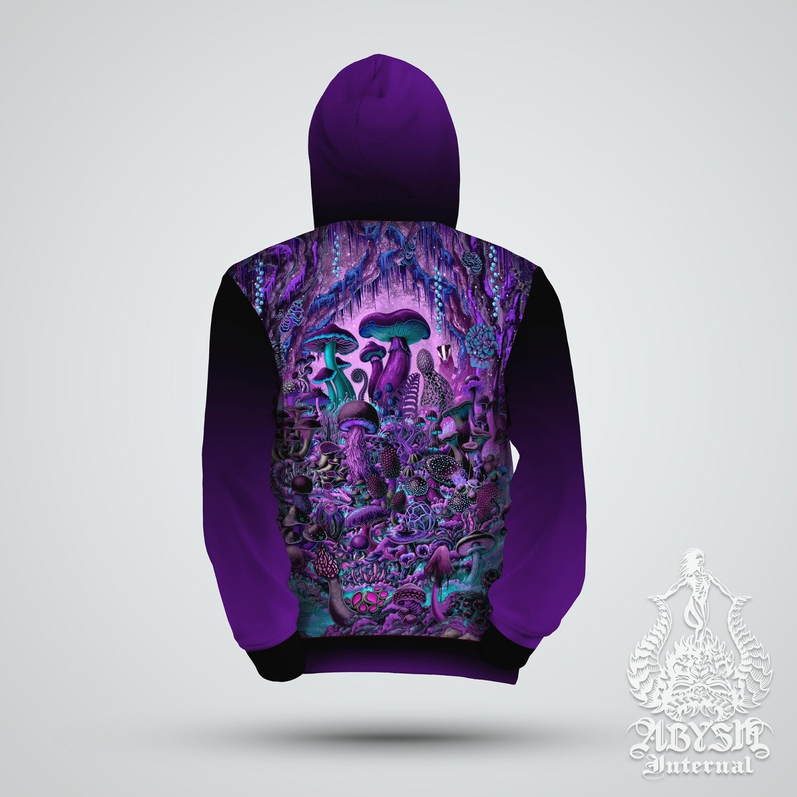 Gothic Mushrooms Hoodie, Pastel Goth Festival Streetwear, Witchy Outfit, Magic Shrooms, Alternative Clothing, Unisex - Black and purple - Abysm Internal
