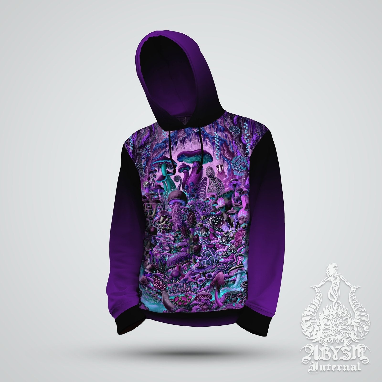 Gothic Mushrooms Hoodie, Pastel Goth Festival Streetwear, Witchy Outfit, Magic Shrooms, Alternative Clothing, Unisex - Black and purple - Abysm Internal