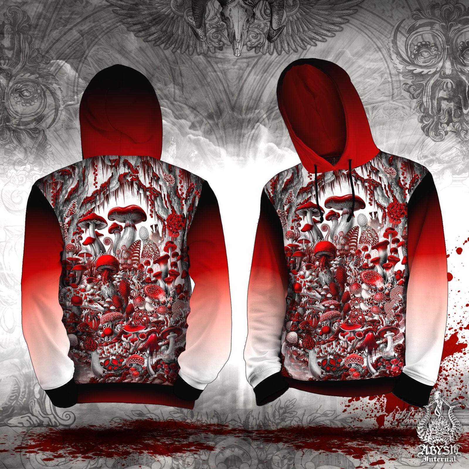 Gothic Mushrooms Hoodie, White Goth Outfit, Magic Shrooms, Indie Festival Streetwear, Alternative Clothing, Unisex - Bloody Red - Abysm Internal