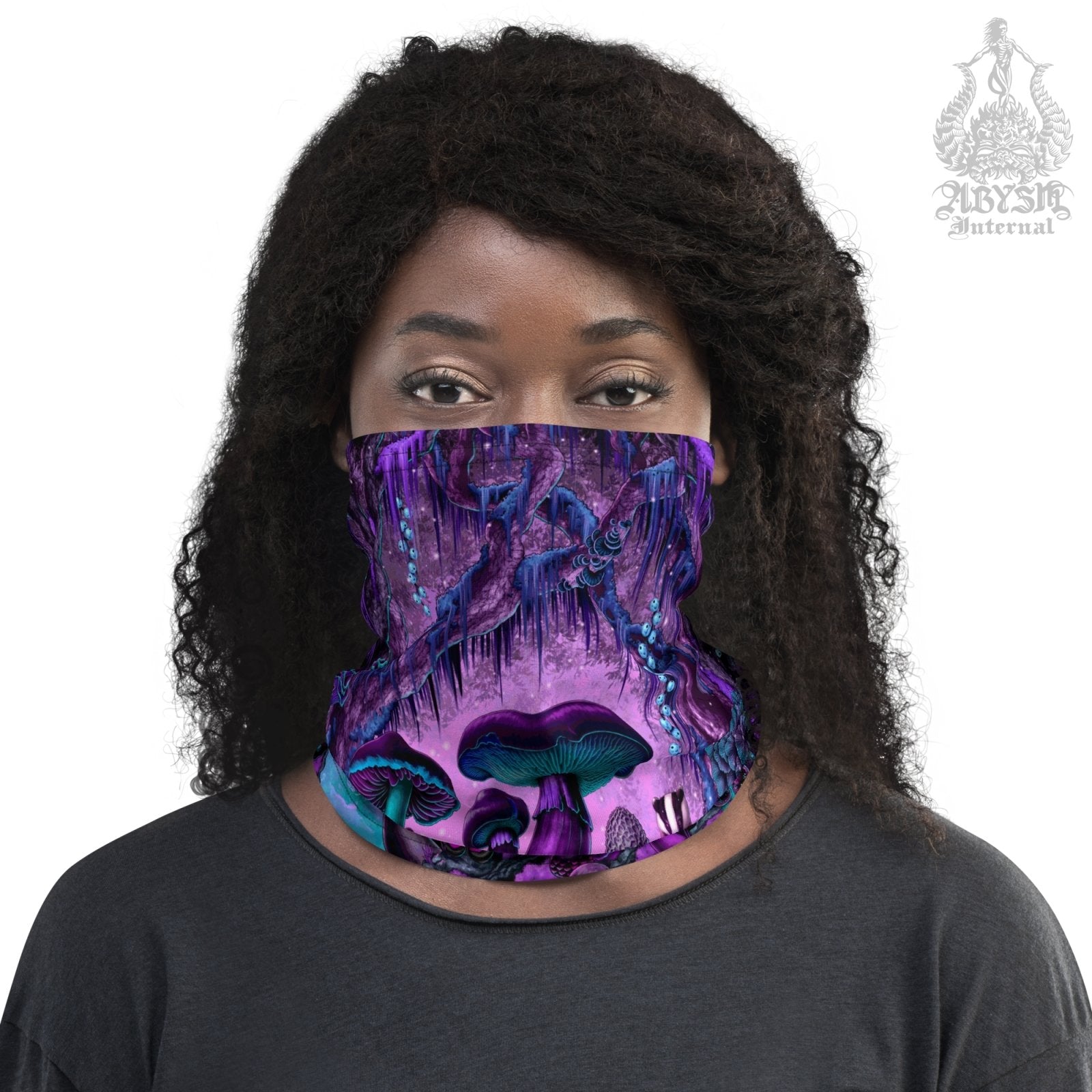 Gothic Mushrooms Neck Gaiter, Pastel Goth Face Mask, Head Covering, Magic Shrooms Art, Indie Festival Outfit, Mycologyst Gift - Purple - Abysm Internal