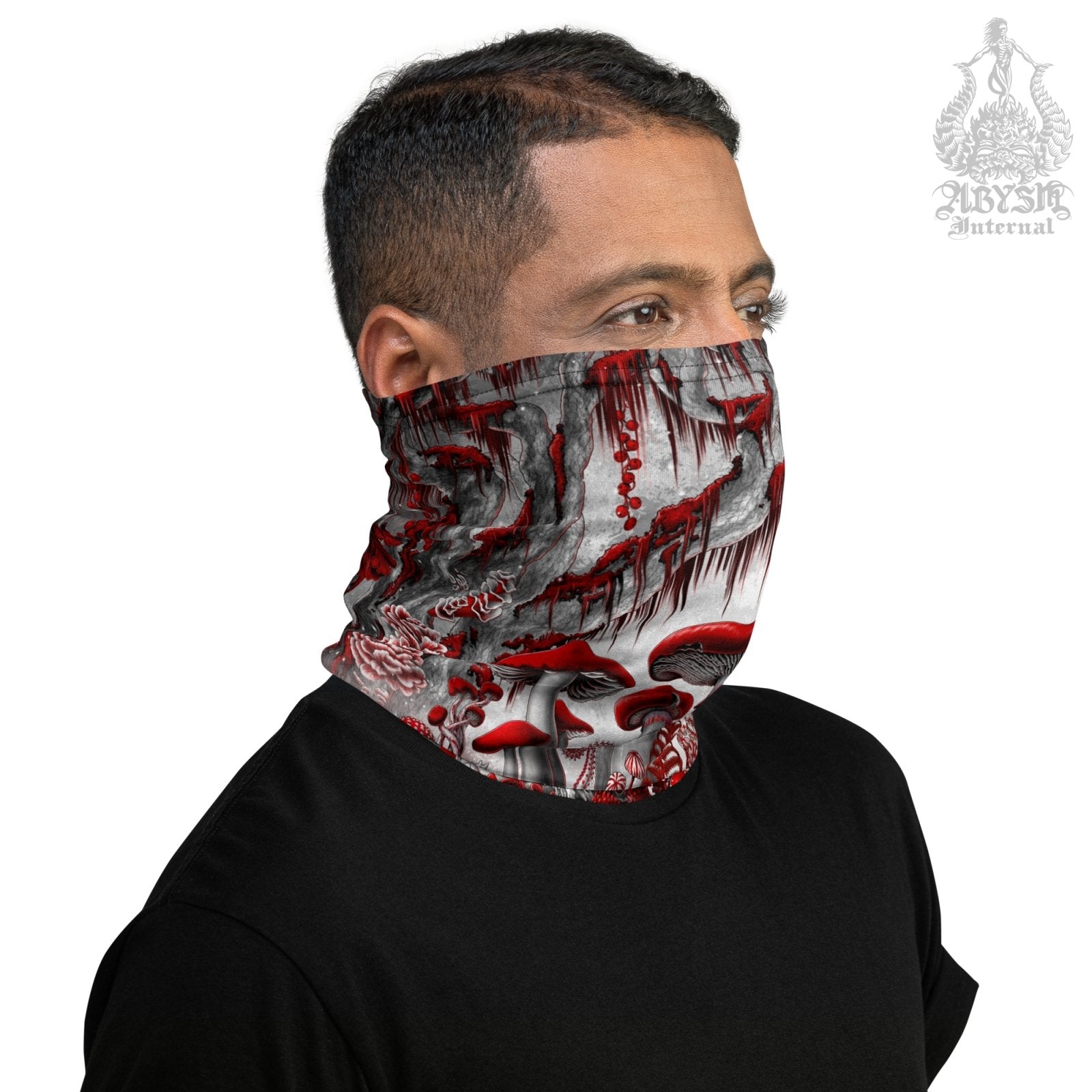 Gothic Mushrooms Neck Gaiter, White Goth Face Mask, Head Covering, Magic Shrooms Art, Indie Festival Outfit, Mycologyst Gift - Bloody Red - Abysm Internal