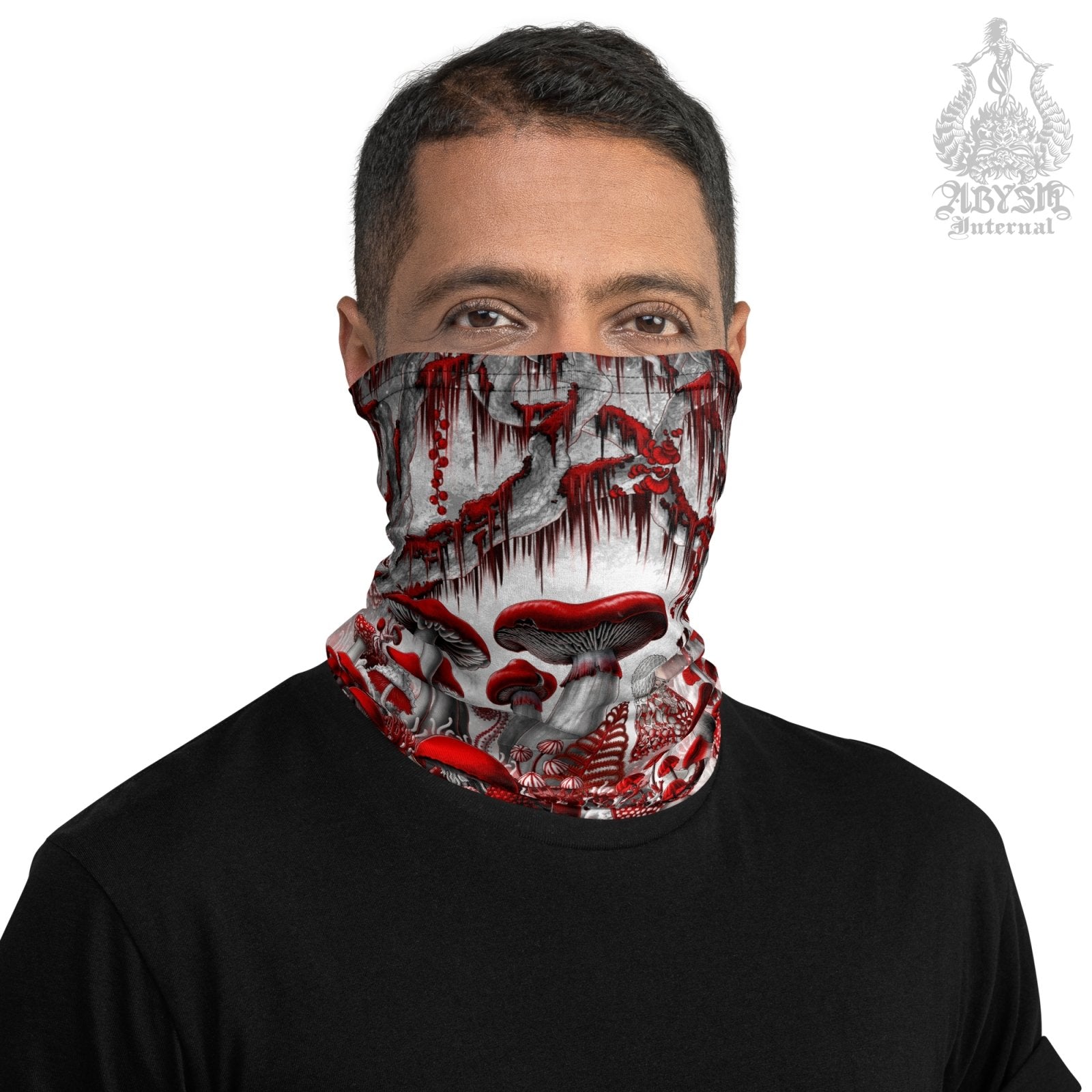 Gothic Mushrooms Neck Gaiter, White Goth Face Mask, Head Covering, Magic Shrooms Art, Indie Festival Outfit, Mycologyst Gift - Bloody Red - Abysm Internal