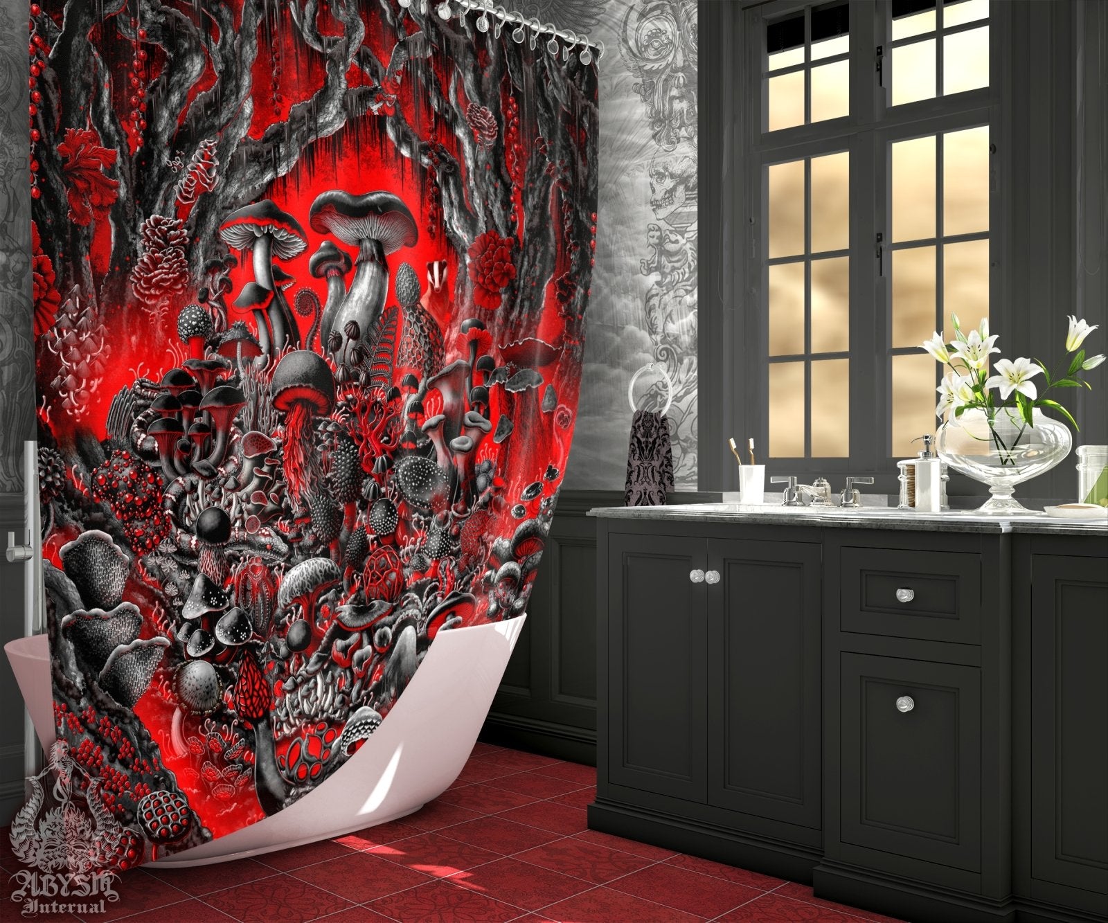 Gothic Mushrooms Shower Curtain, Dark Bathroom Decor, Bloody Goth Home Art, Mycology Print - Magic Shrooms - Abysm Internal
