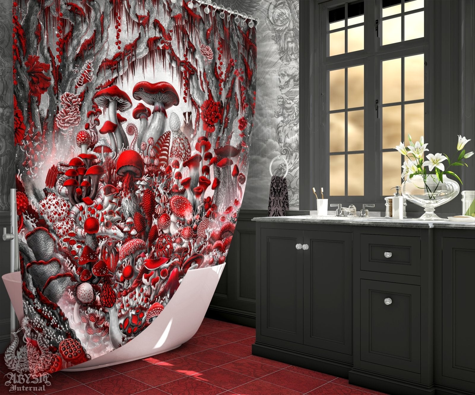 Gothic Mushrooms Shower Curtain, Dark Bathroom Decor, Fantasy Home Art, Mycology Print - Magic Shrooms, Bloody White Goth - Abysm Internal