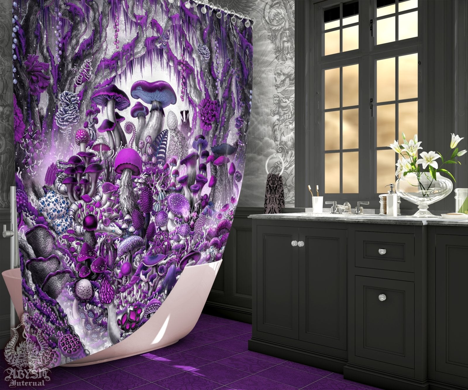 Gothic Mushrooms Shower Curtain, Dark Bathroom Decor, Fantasy Home Art, Mycology Print - Magic Shrooms, Purple White Goth - Abysm Internal
