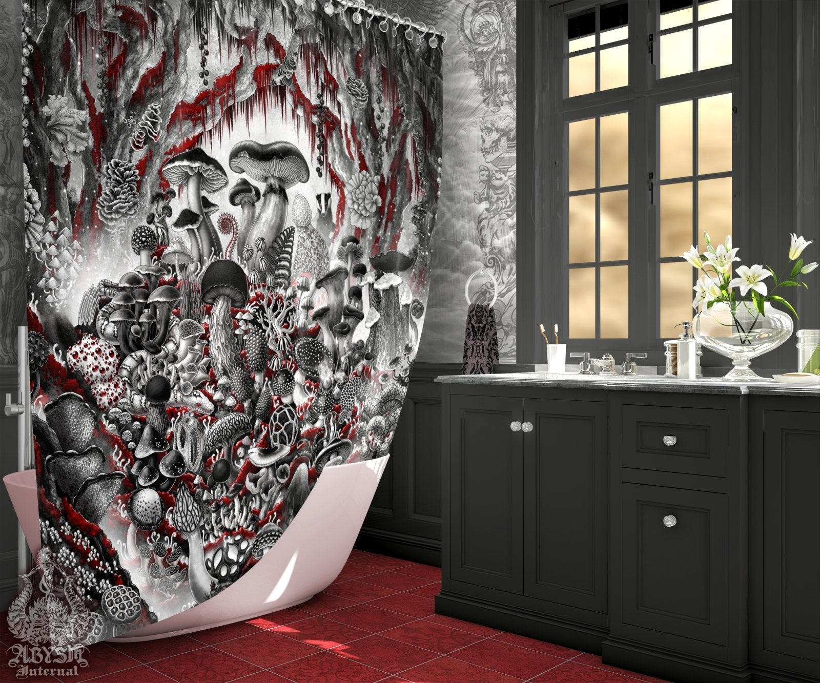 Gothic Mushrooms Shower Curtain, Dark Bathroom Decor, Fantasy Home Art, Mycology Print, Mycologist Gift - Magic Shrooms, Black and White Goth, Stone - Abysm Internal
