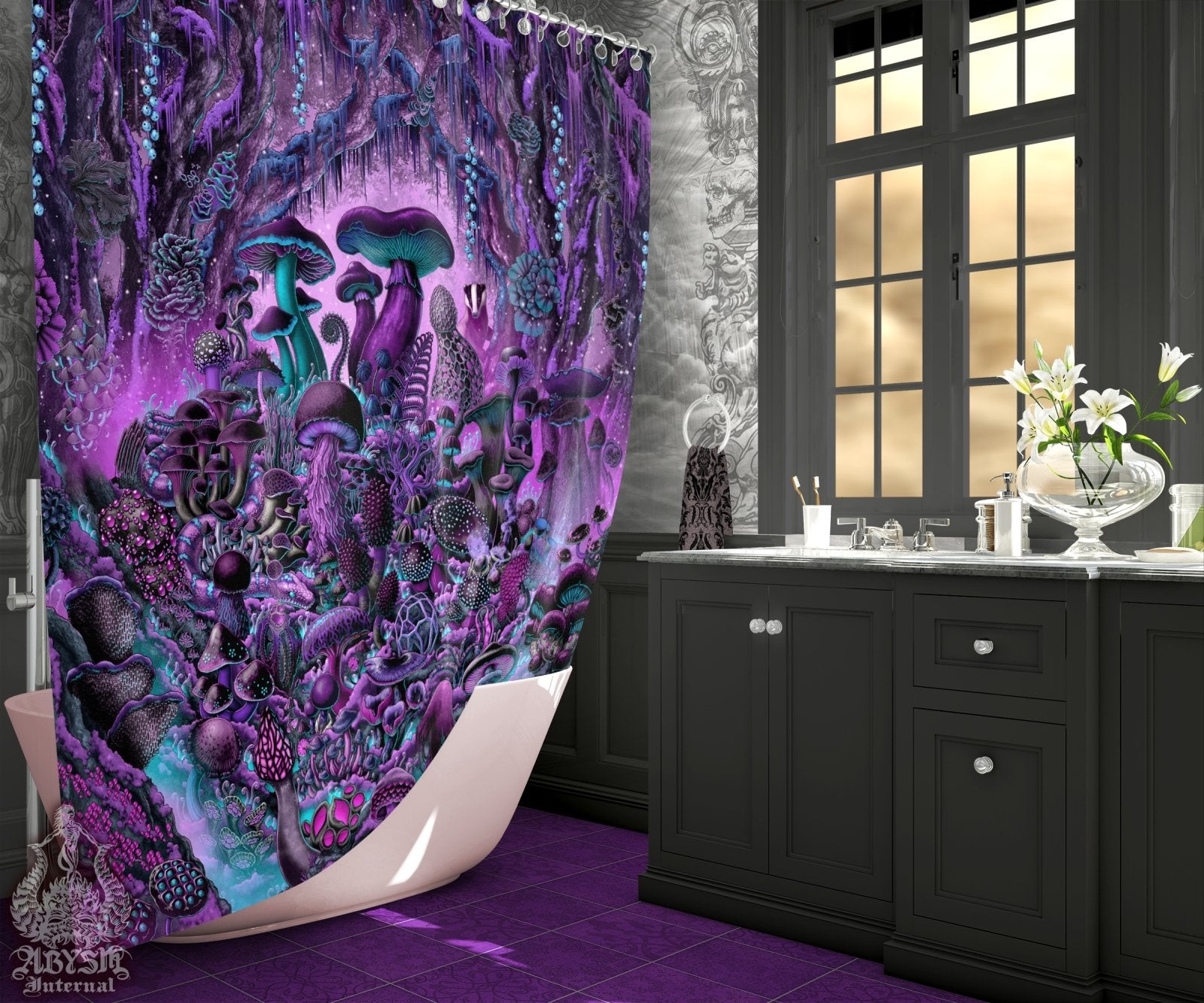 Gothic Mushrooms Shower Curtain, Dark Bathroom Decor, Pastel Goth Home Art, Mycology Print - Magic Shrooms - Abysm Internal