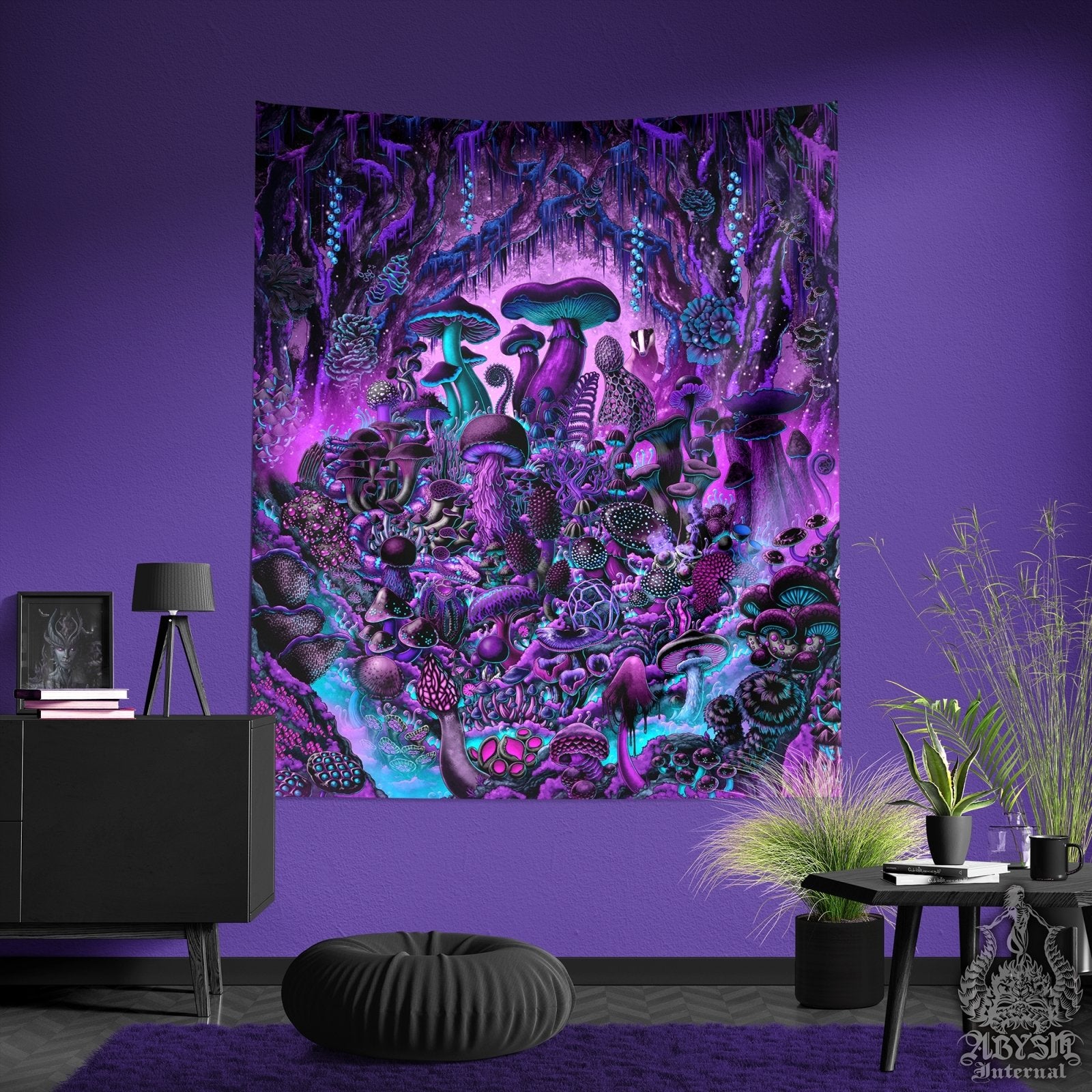 Gothic Mushrooms Tapestry, Mycology Wall Hanging, Pastel Goth Home Decor, Magic Shrooms Art Print, Mycologist Gift - Abysm Internal