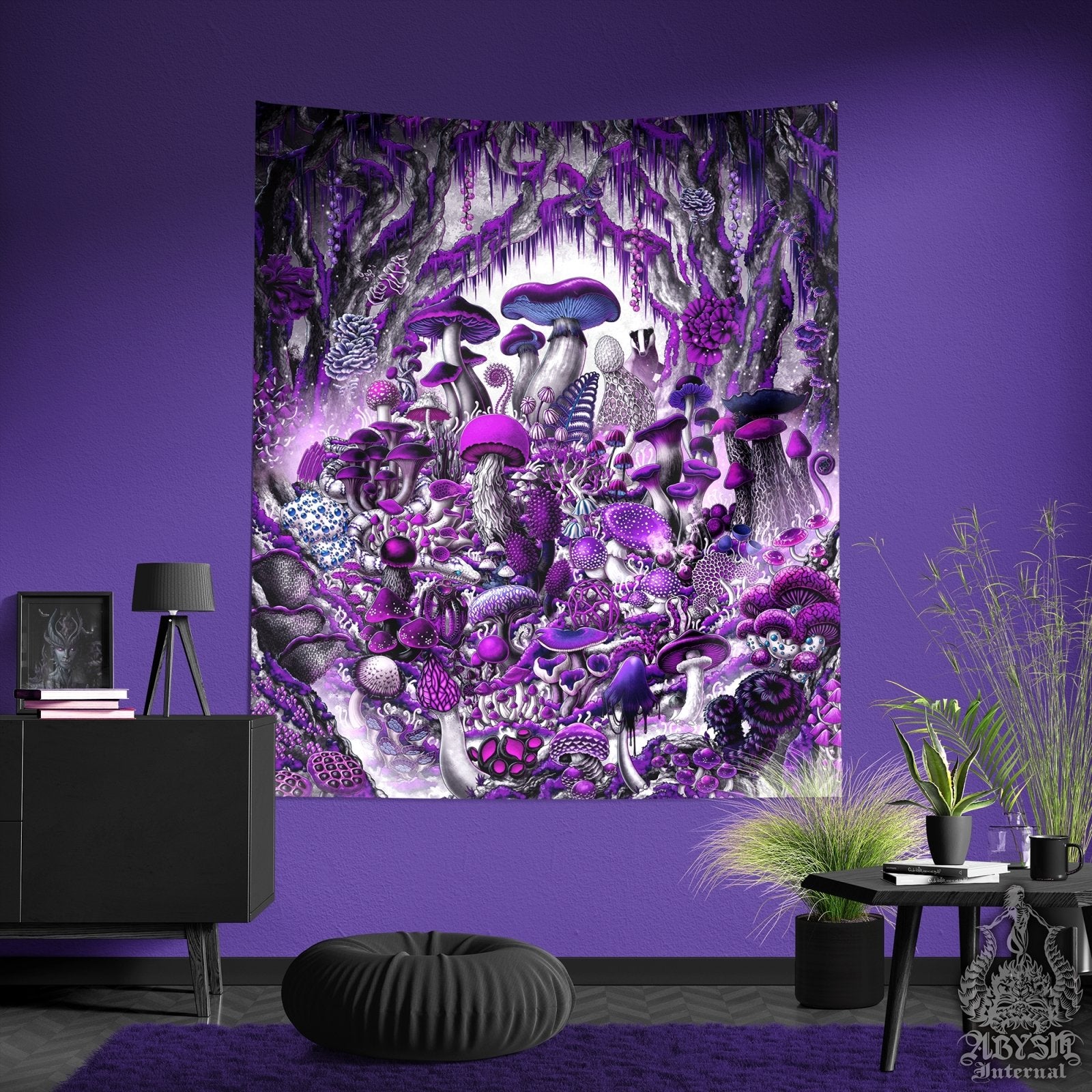 Gothic Mushrooms Tapestry, Mycology Wall Hanging, Purple White Goth Home Decor, Magic Shrooms Art Print, Mycologist Gift - Abysm Internal